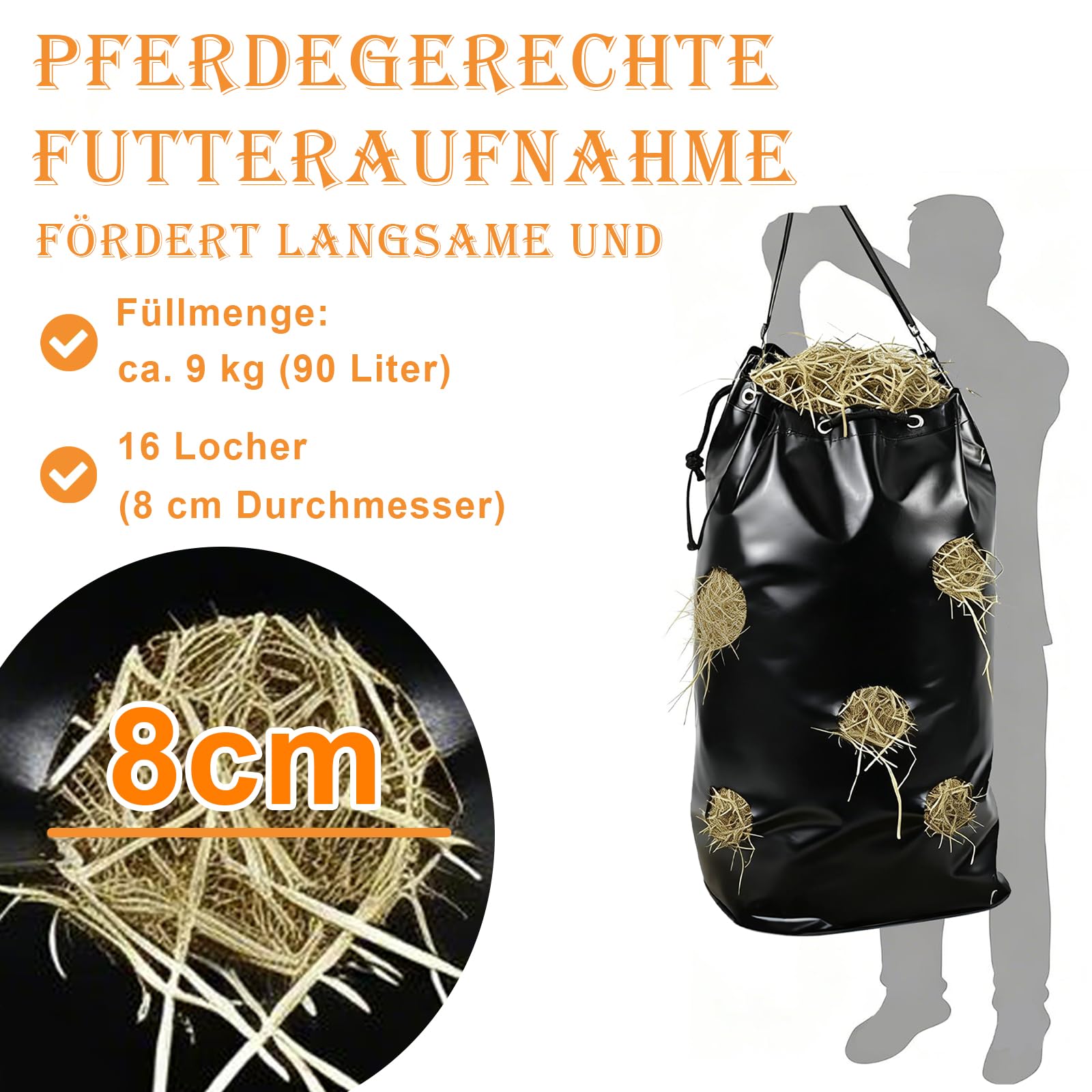 Haybag Heubeutel Heusack Heunetz, heunetz für Pferde,16 Löchern Ø8cm, Heutasche bis 90L, einfach befüllen