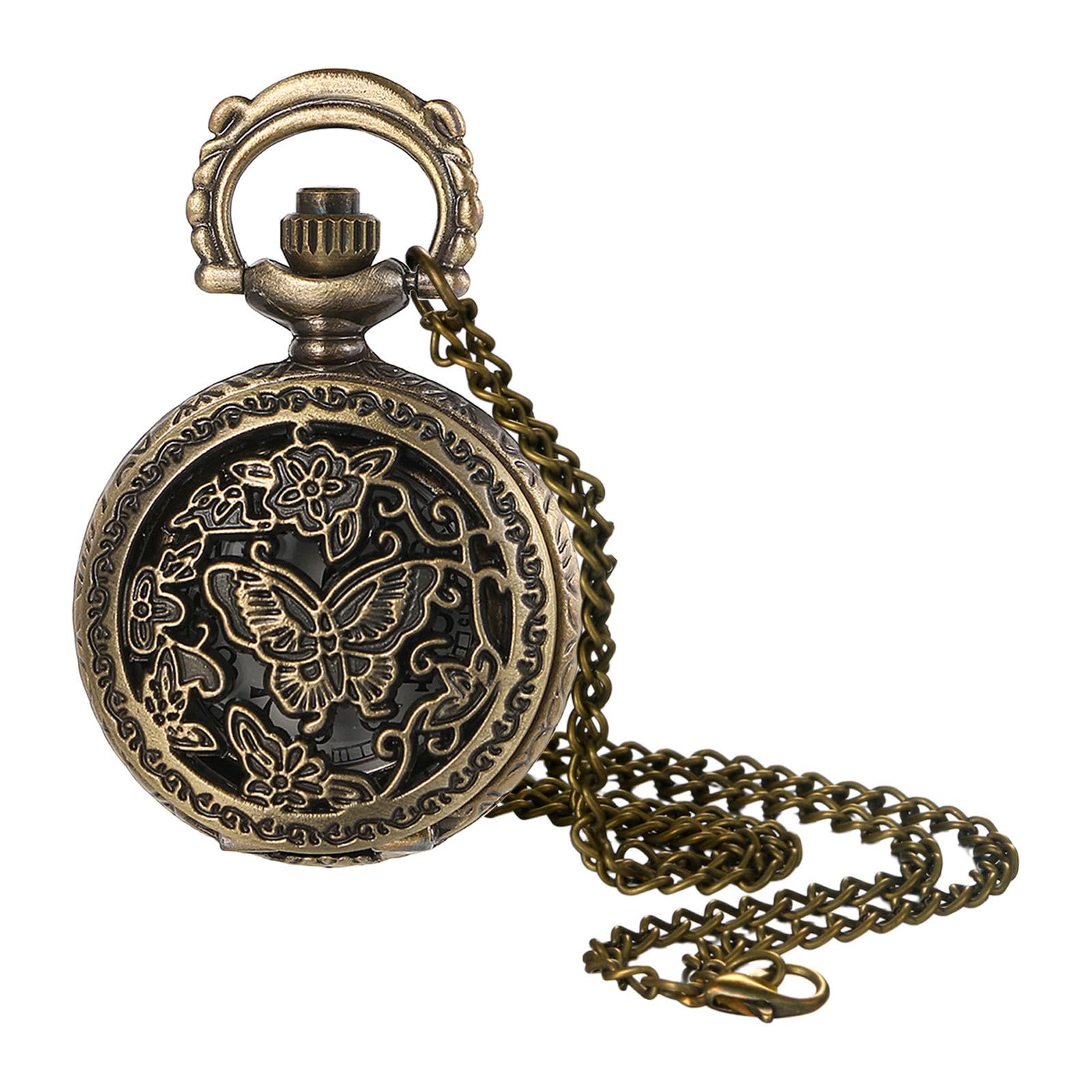 JewelryWe Vintage Butterfly Pocket Watch: Retro Design Bronze Flower Openwork Cover Quartz Pendant Necklace Watches with Chain for Xmas for Mother's Day