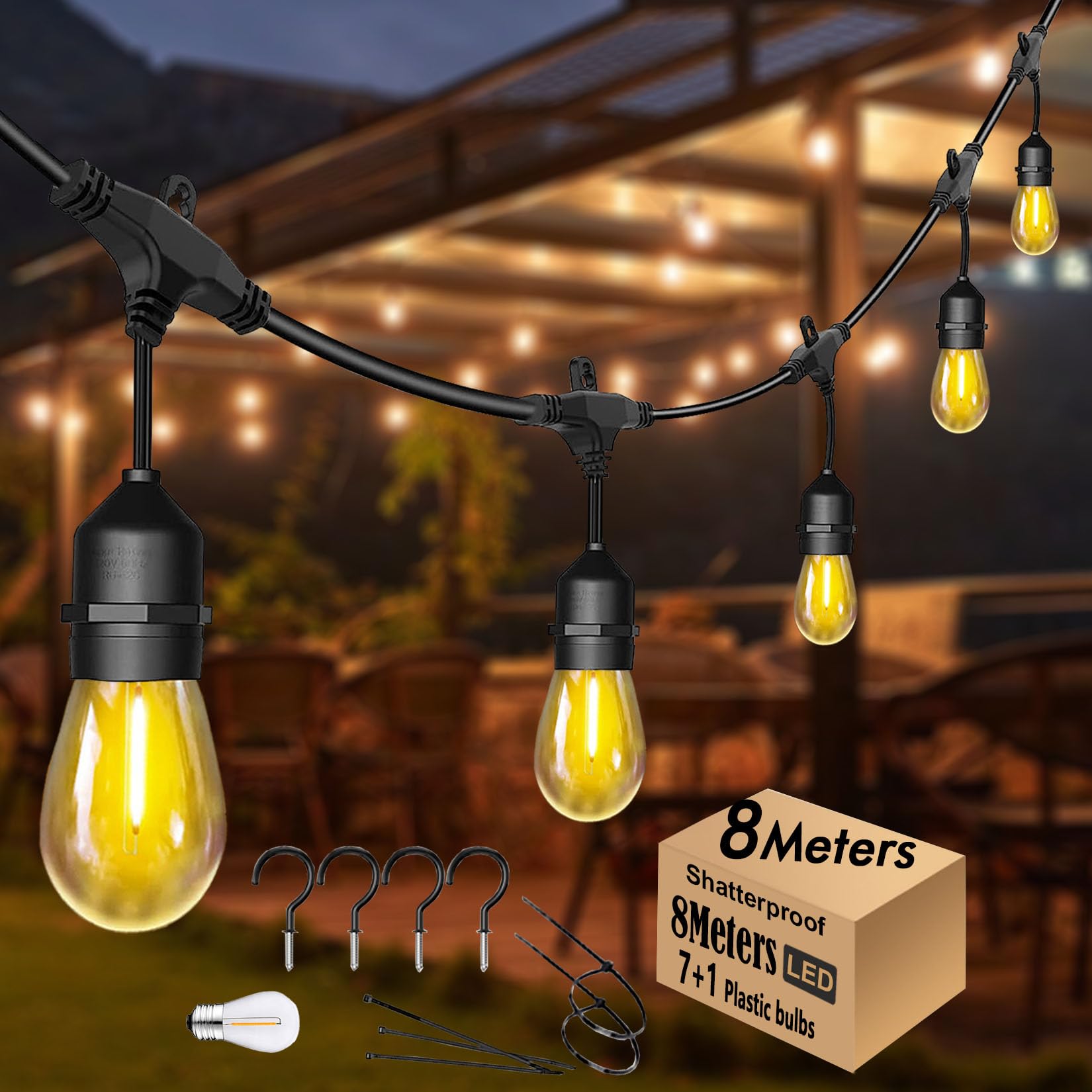8M Festoon Lights Outdoor E27 Festoon Lights Garden String Lights with 7+1 S14 Shatterproof Bulbs for Pergola Backyard Party Garden Fence 2.6 Metre Extension Cable Built-in