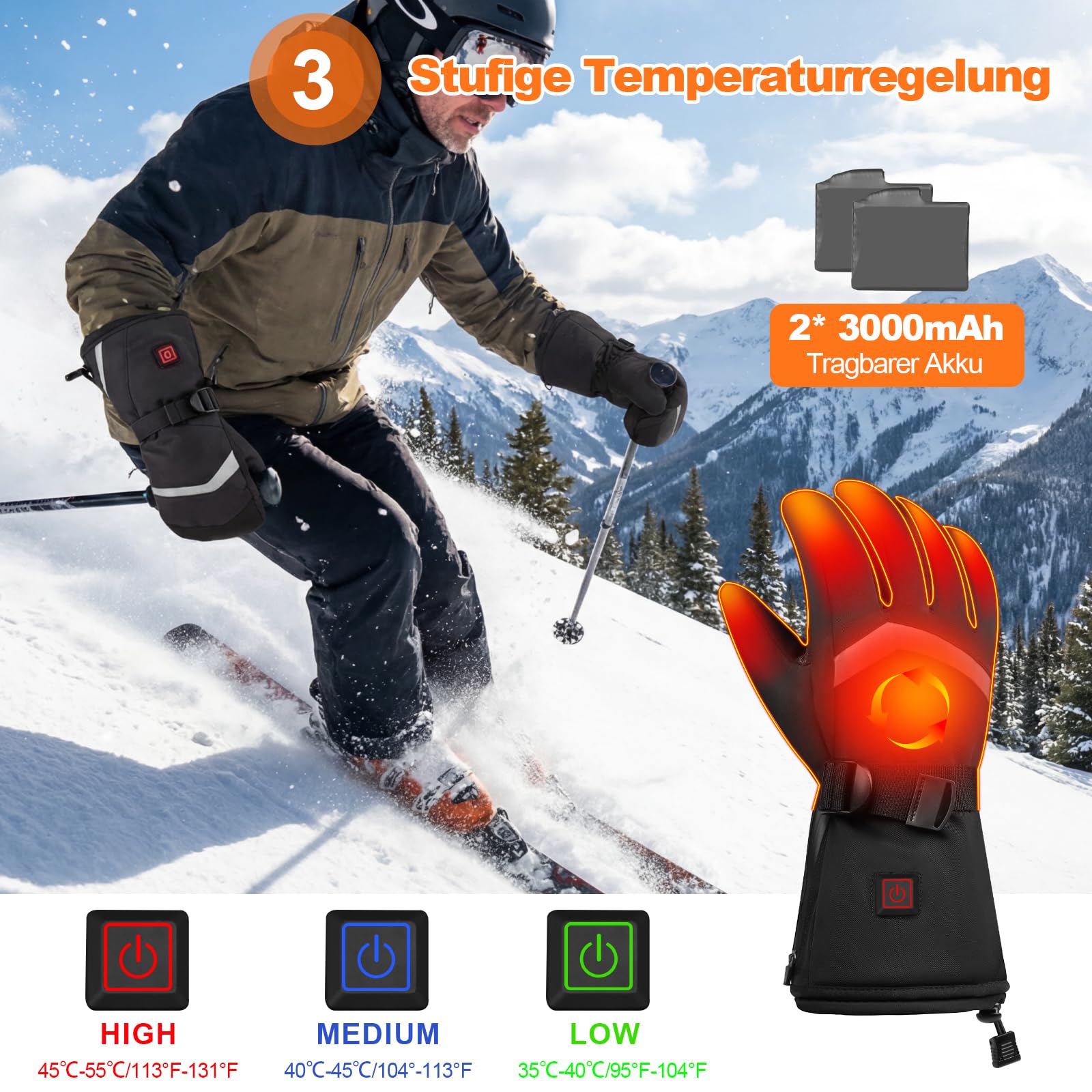Gants Chauffants Rechargeables Homme Femme, 3 Températures Réglables Tactile Imperméable, Gants Chauffants pour Ski Moto Randonnée Hiver, Taille M/L/XL