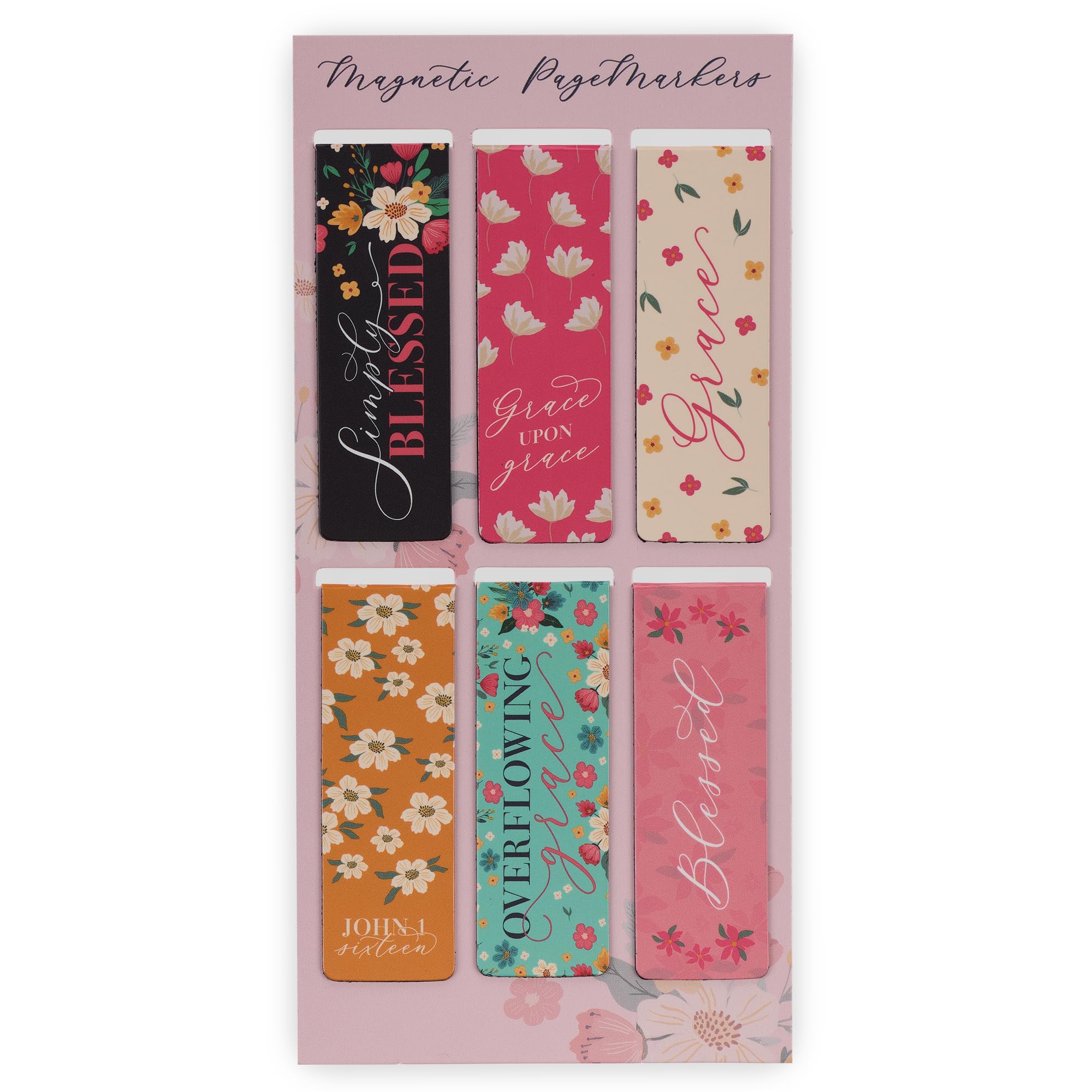 Christian Art Gifts Magnetic Scripture Bookmark/Pagemarker Set for Women: Overflowing Grace - Set of 6, Inspirational Scripture Verses for Bibles, Books, Diaries, Notebooks, Multicolor Floral, Small