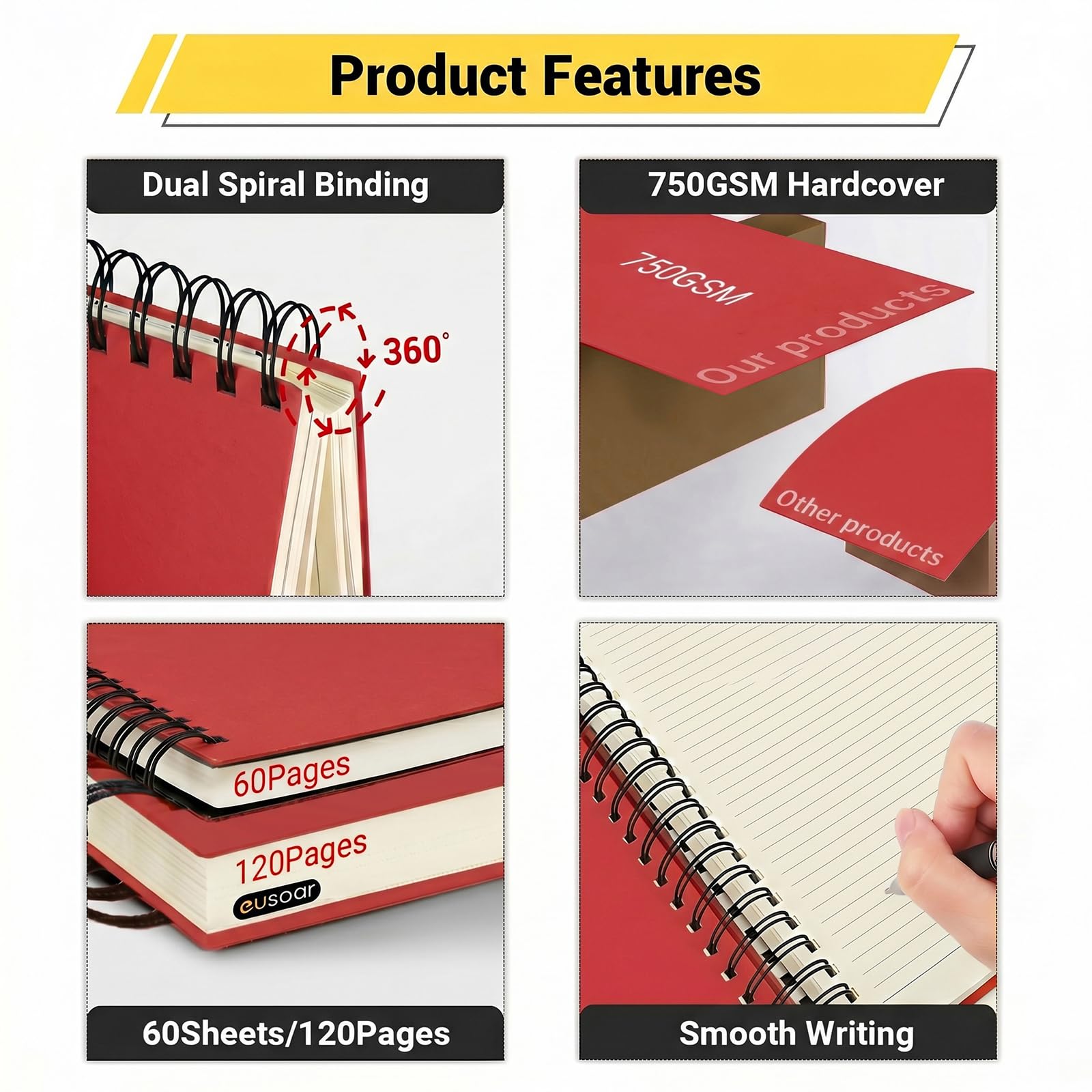 EUSOAR Quaderni per lavoro, 6 confezioni da 18,5 x 25,9 cm, B5, a righe, rosso, a righe, 120 pagine/60 fogli, piccoli quaderni a spirale per affari, diario, blocco note per lavoro, scuola