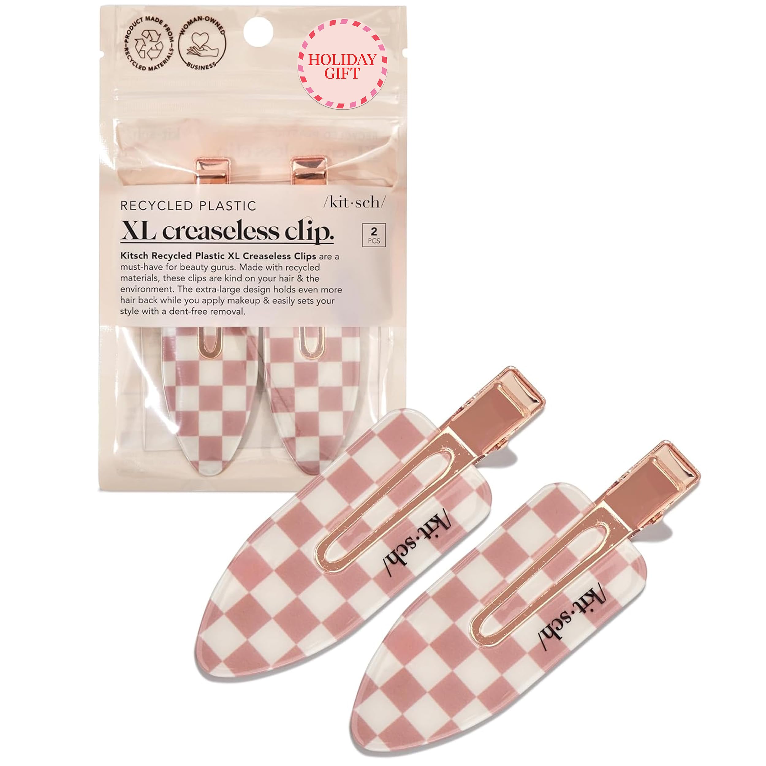 Kitsch Extra Large Creaseless Hair Clips for Women, No Bend No Crease Hair Clips, Recycled Acrylic Makeup Clip, Hairstyling - Terracotta (Checkered), 2pcs