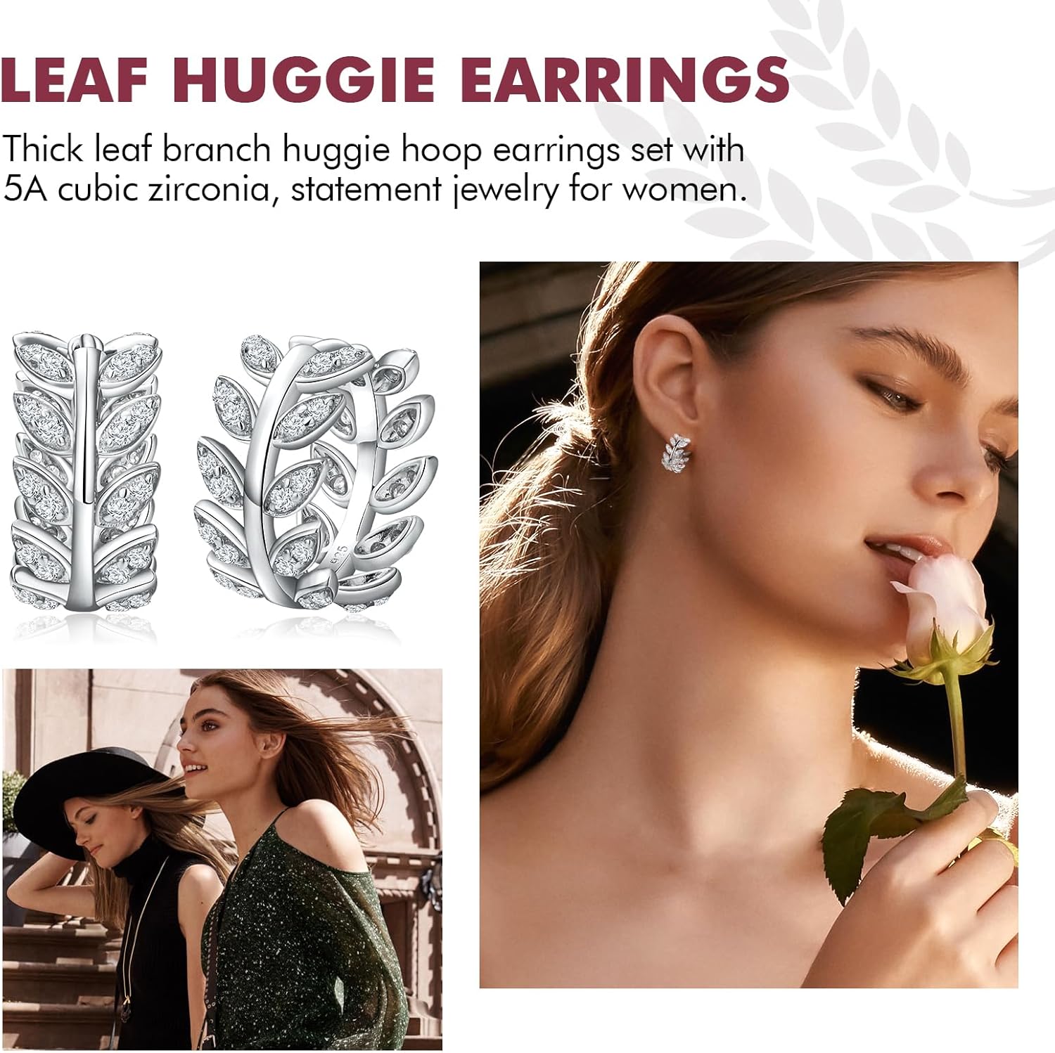 DAYBYDAY Huggie Earrings for Women 925 Sterling Silver Cubic Zirconia Gemstone Small Hoop Earrings, Leaf/Butterfly Cross/Huggie Hoop Earrings Anniversary Birthday Valentines Jewelry - Image 2