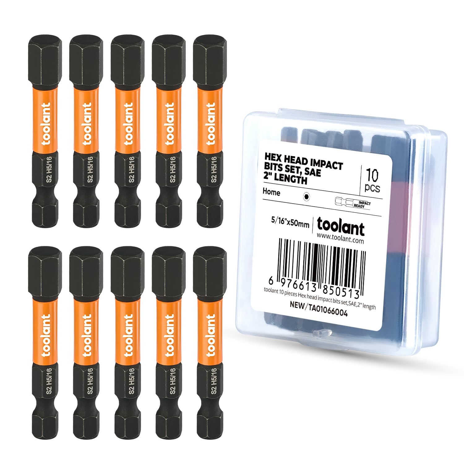 toolant 5/16" Impact Hex Bits Set 10pcs, 1/4” Hex-Shank Allen Wrench Drill Bit Set, S2 Steel, CNC Machined Tips with Magnetism, 2” Long with Storage Box