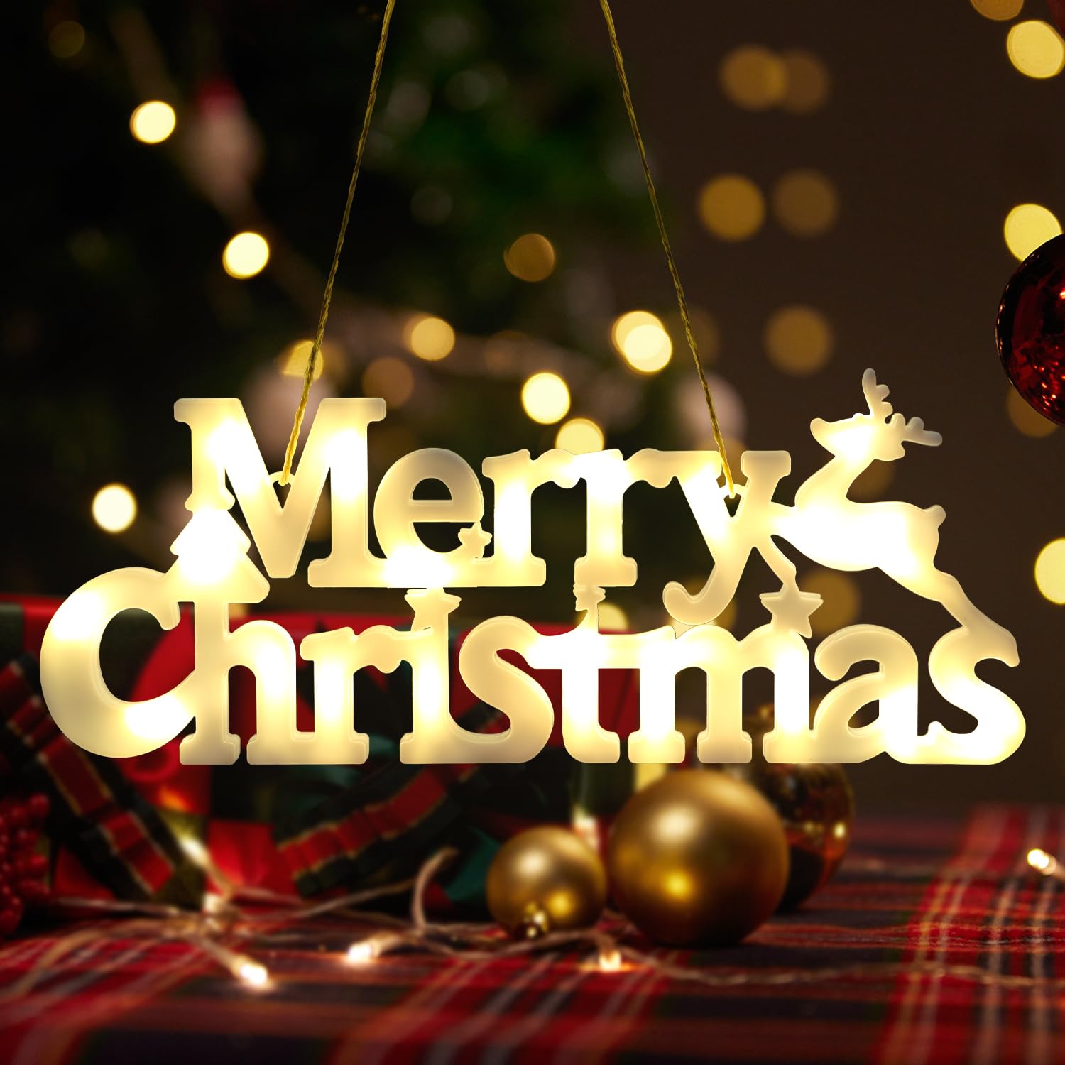 JOFONY Merry Christmas Sign, Christmas LED Hanging Ornament Light Merry Christmas Hanging Sign Christmas Glowing Letter Sign for Xmas Tree Indoor Decoration