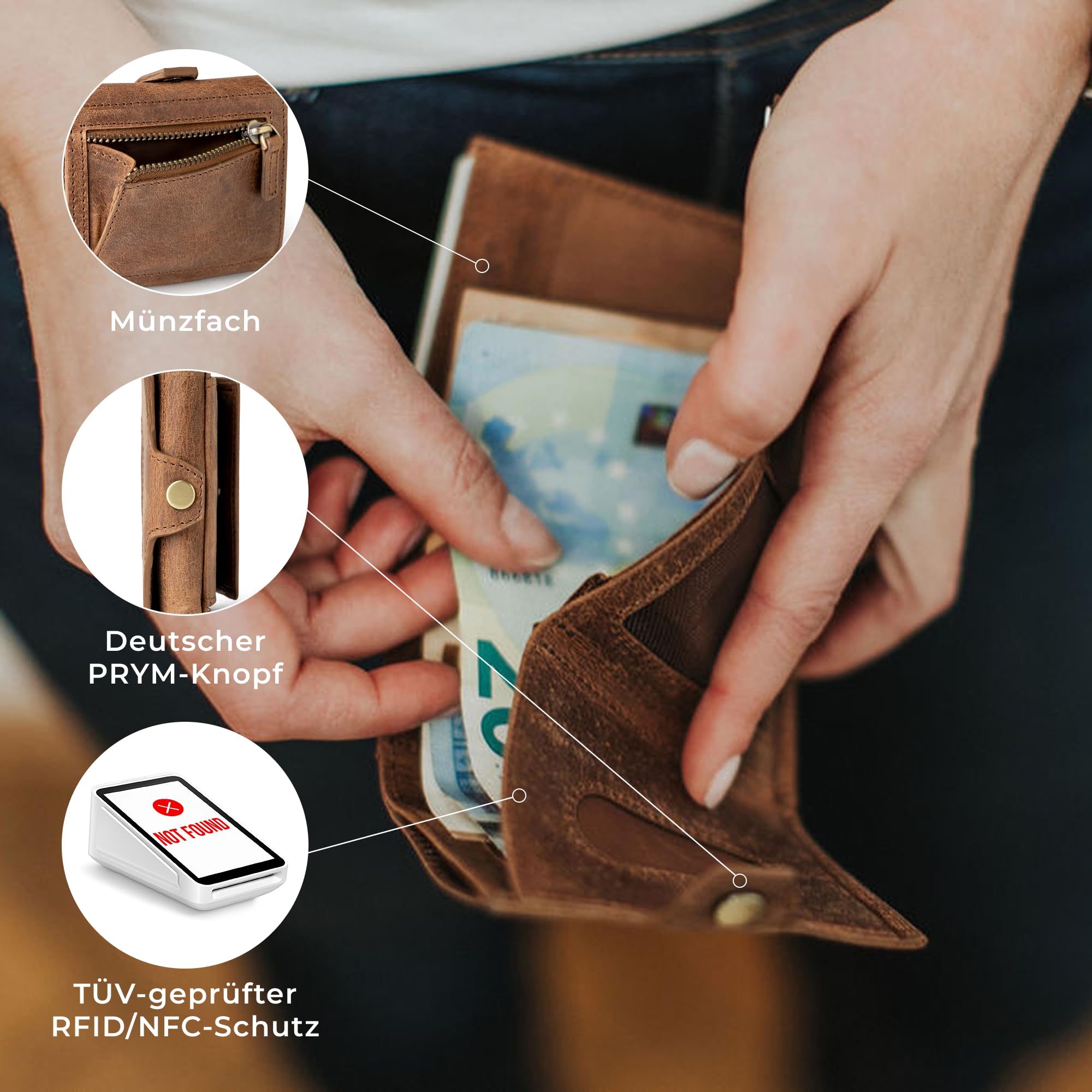 Berliner Bags Vintage Slim Wallet Hamburg, Geldbörse Mini Portmonee aus Leder, Geldbeutel mit TÜV-geprüftem RFID-Schutz, für Herren - Braun