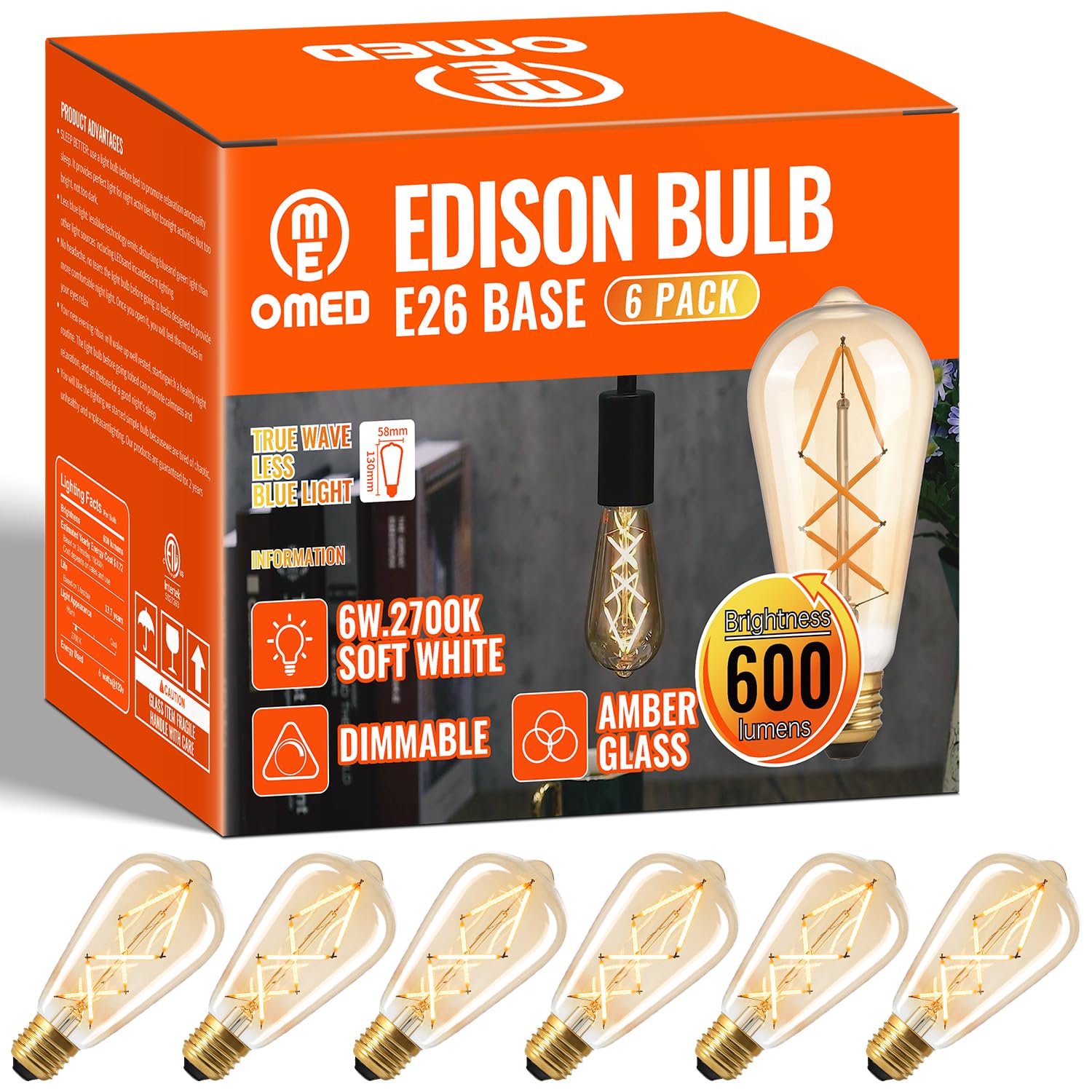 OMED LED Edison Vintage Light Bulb 60 Watt Equivalent E26 Base 2700k Soft White Dimmable ST64 Amber Glass 60w Energy Saving Ideal Dining Rooms Durable Light for a Cozy Atmosphere 6 Pack 6w Led Bulbs