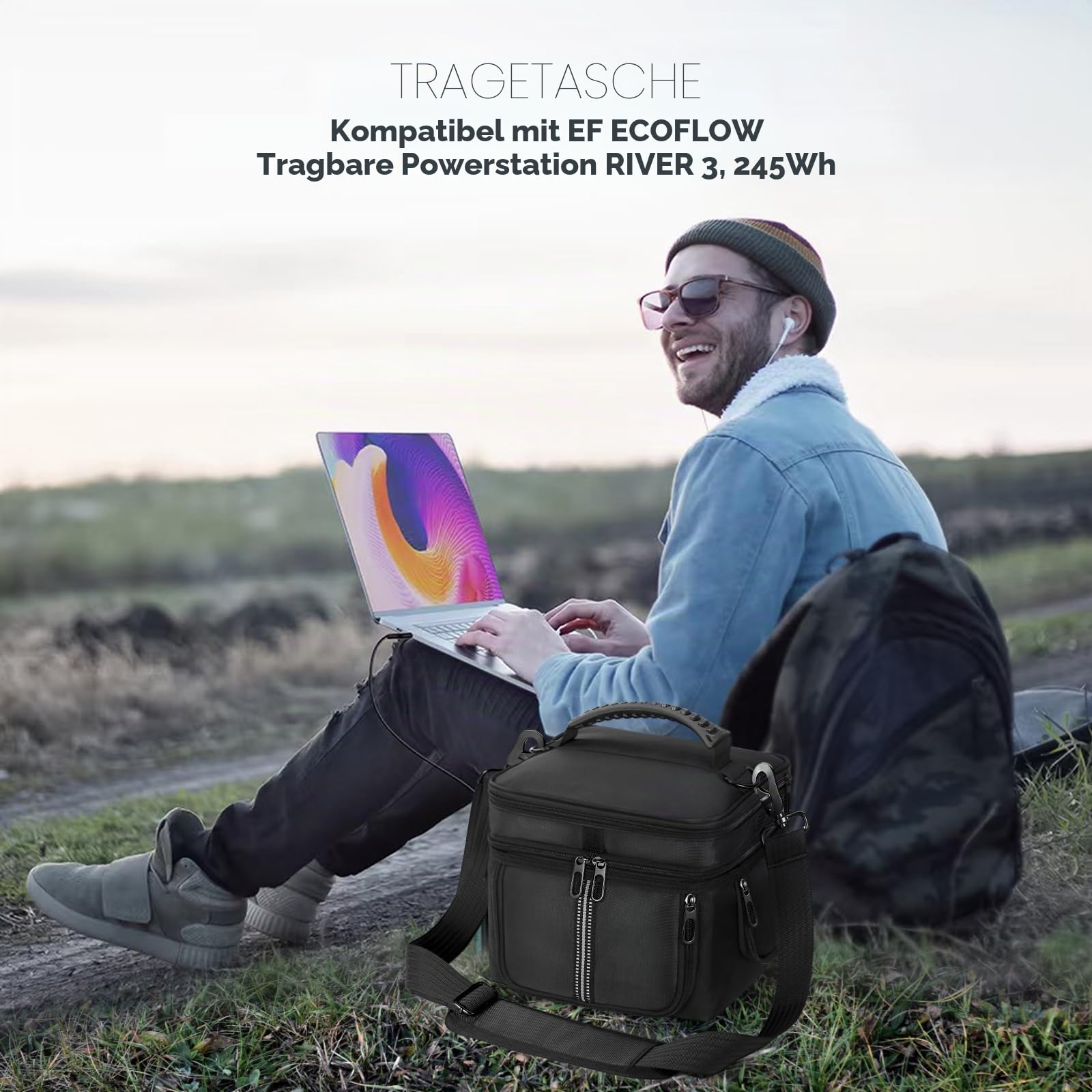 Tragetasche kompatibel mit ECOFLOW River 3/River 3 Plus tragbare Kraftstation, Aufbewahrungstasche mit verstellbarem Schulterriemen, weiche Abdeckung mit Reißverschluss, Taschen für Ladekabel