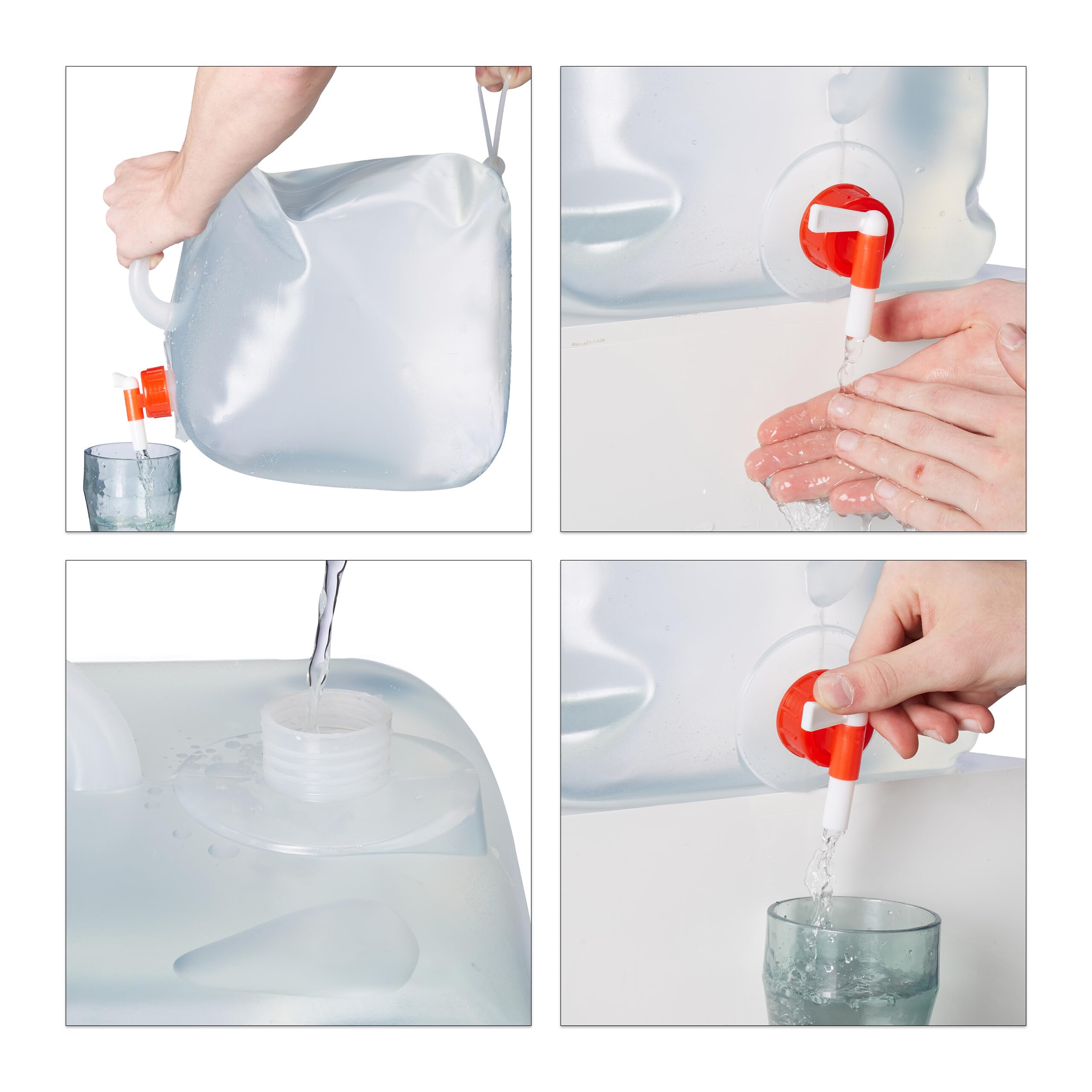 Relaxdays Jerrican d’Eau Pliable, Lot de 3, Volume : 20 l, Robinet, Neutre au goût, sans BPA, Transparent/Rouge