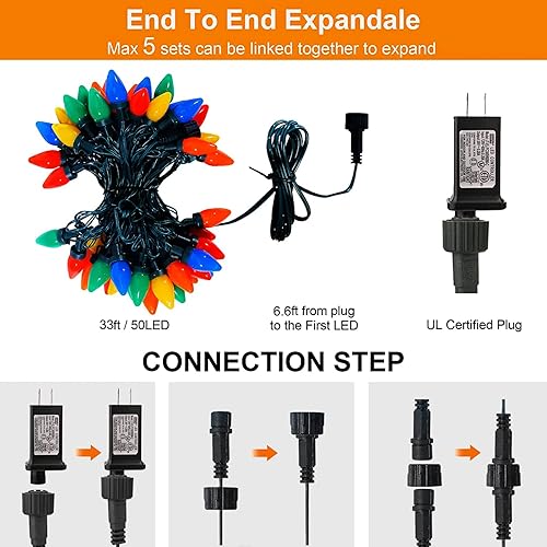 Miniatura 3 de Luces de Navidad C9, 33 pies, 50 luces LED de Navidad para exteriores, 5 juegos conectables, IP65 impermeable para interiores y exteriores, luces de