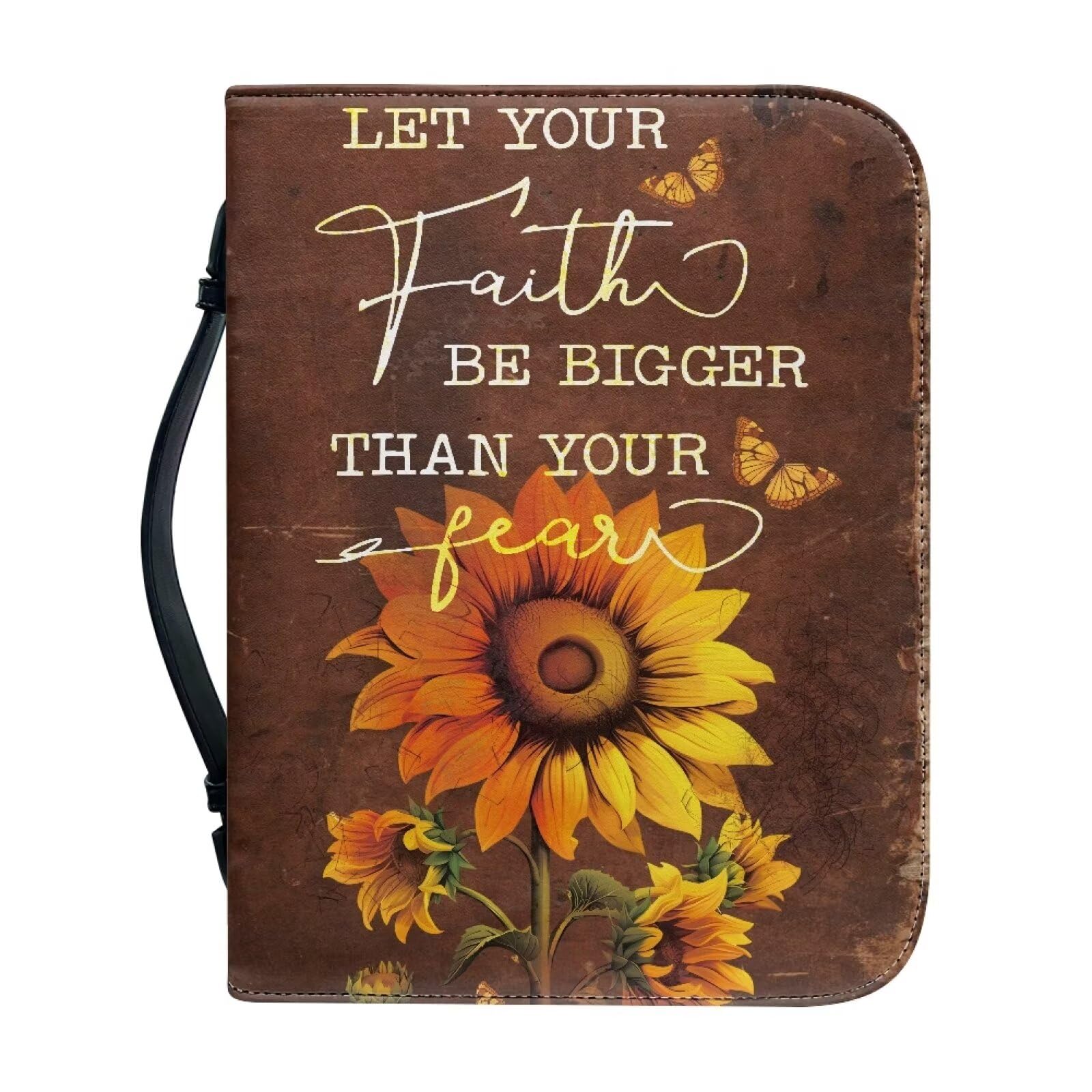 Talayituse Sunflower Butterfly Print Bible Covers for Women Men Let Your Faith Be Bigger Than Your Fear PU Leather Bible Case Bible Bag Book Carrying Case Christian Bible Accessories with Handle, XL โ image 1