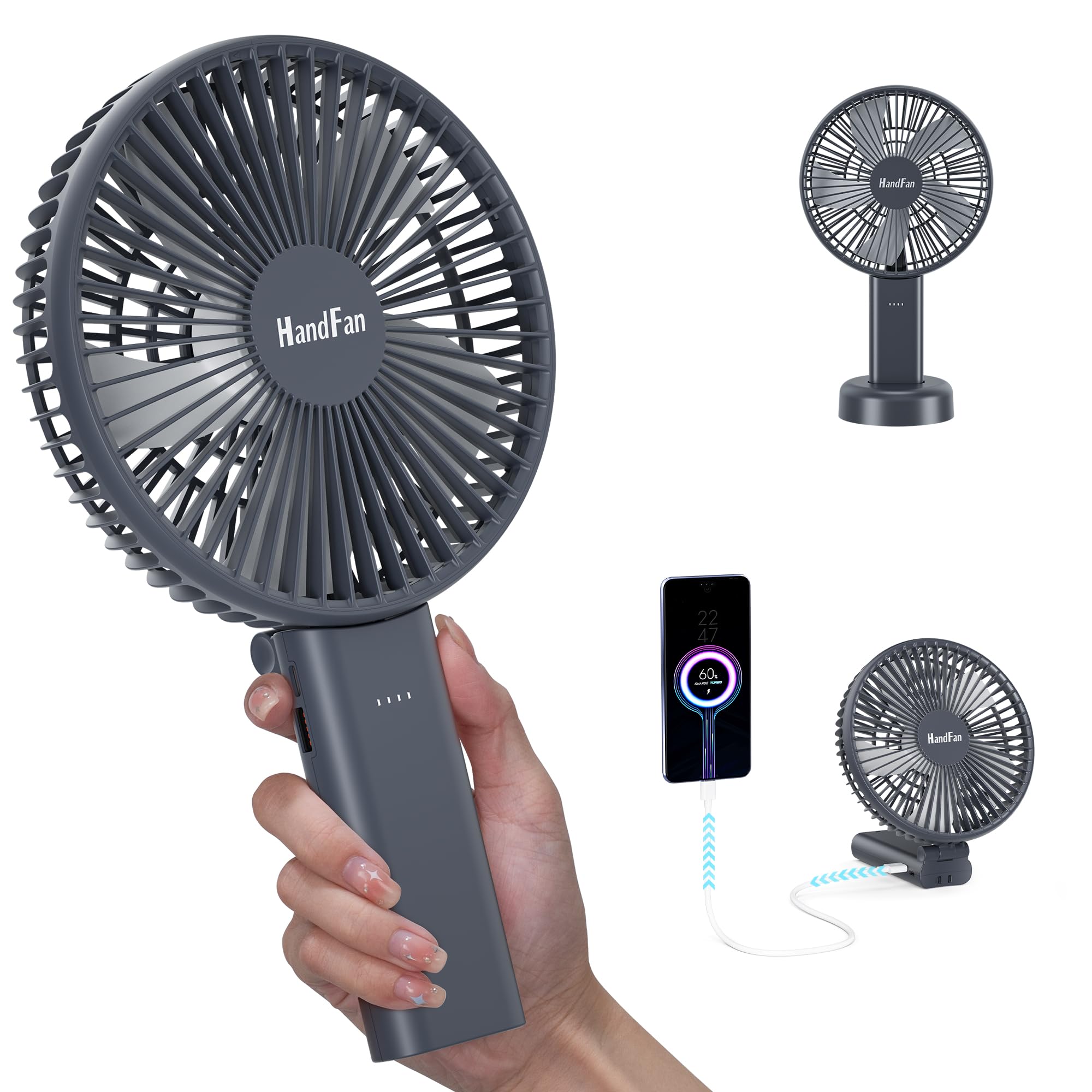 HandFan Portable Fan Rechargeable,6 Inch Handheld Fan,4000mAh Battery Operated,USB Desk Fan with Base,5-34H Working Time,6 Speeds,Power Bank 3 in 1 for Camping Home Office Outdoor Sports
