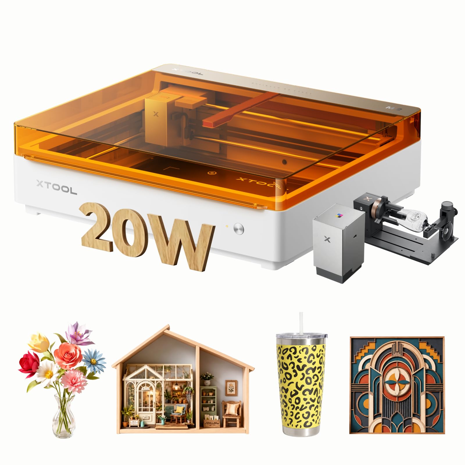 xTool M2 20W Laser Graviermaschine mit CMYK-Drucker und RA3 Lite Rotationszubehör, geschlossener Laserschneider für Trinkbecher, Tassen, dickes Holz und Acryl, Desktop-Maschine für Kleinunternehmen