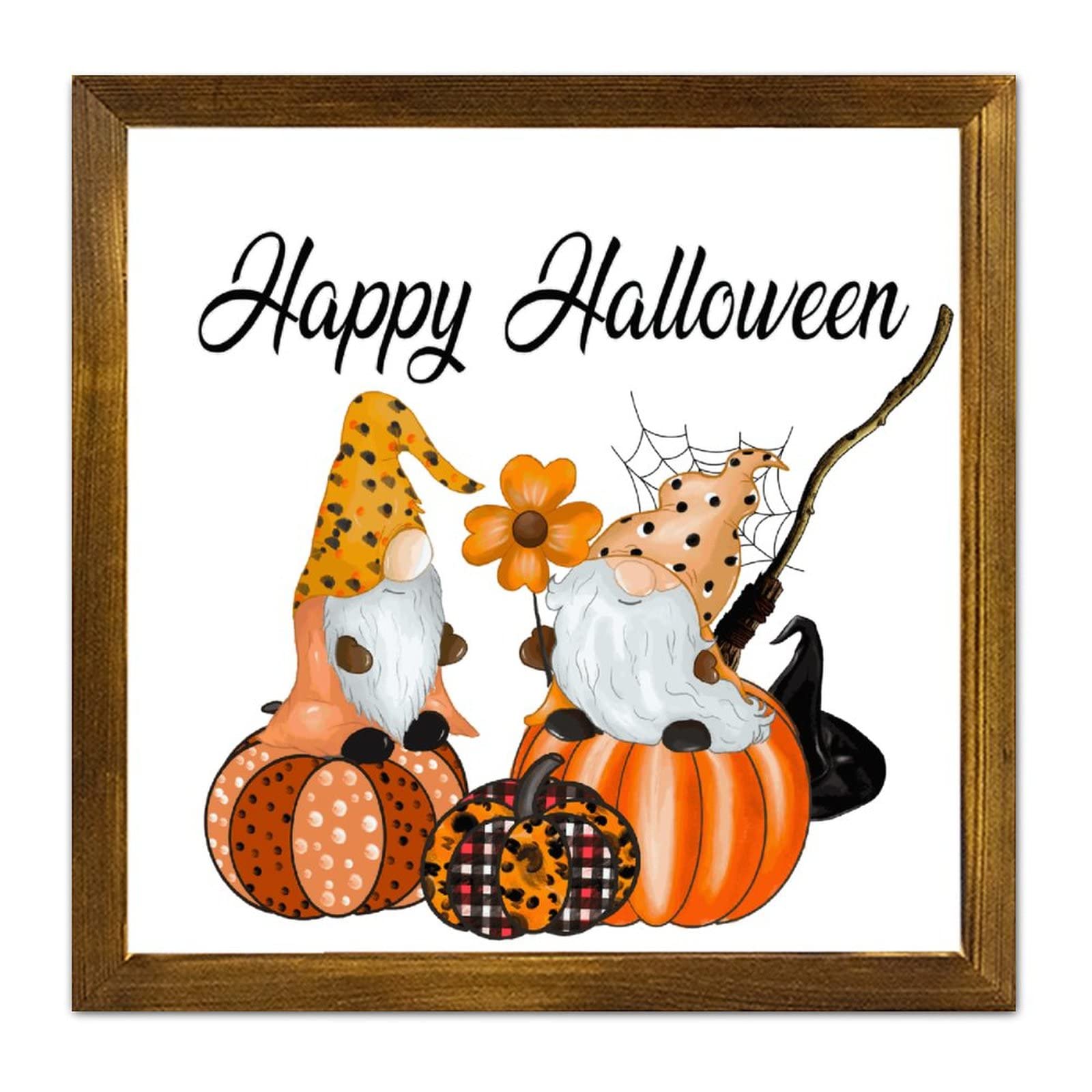 Panneau bois Halloween maison hantée et nain citrouille 30x30 cm