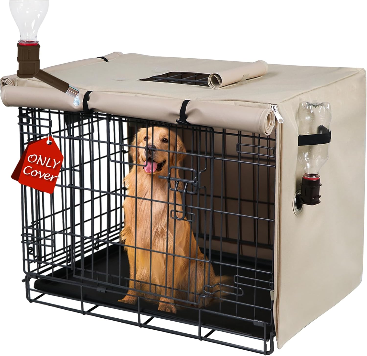 Dog Crate Cover 36 Inch - Three Doors Waterproof Dog Kennel Cover, 600D Oxford Fabric Cage Covers with a Water Bottle Nozzle, Allowing Dogs to Drink Water at Any Time. Beige (Cover Only)