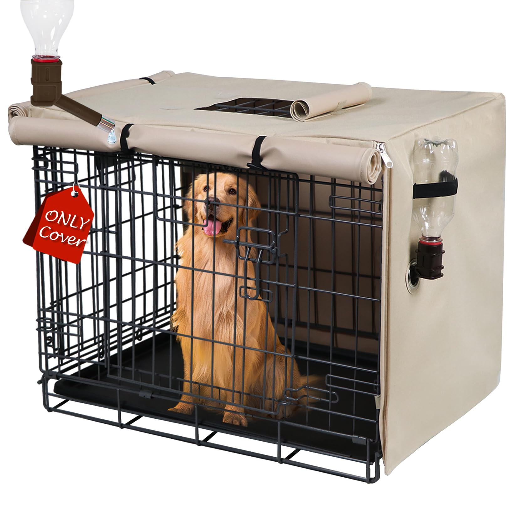 Peipaws Dog Crate Cover 48 Inch - Three Doors Waterproof Dog Kennel Cover, 600D Oxford Fabric Cage Covers with a Water Bottle Nozzle, Allowing Dogs to Drink Water at Any Time. Beige (Cover Only)