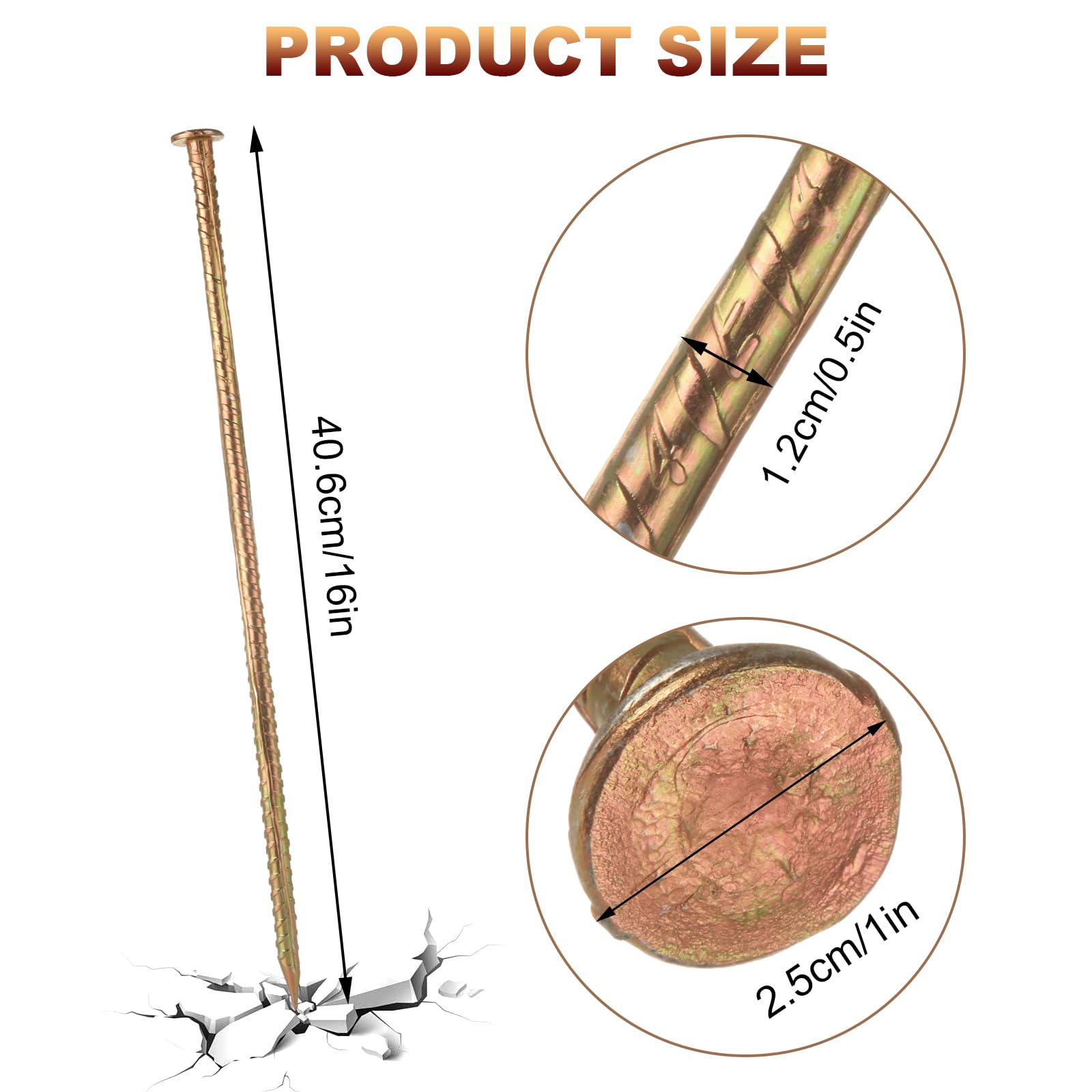 MIVIDE Lot de 12 piquets d'armature dorés de 40,6 cm, 1,27 cm de diamètre, ancrages au sol en acier galvanisé, piquets d'armature en métal robuste pour ralentisseurs, plantes de jardin, roue, bois,