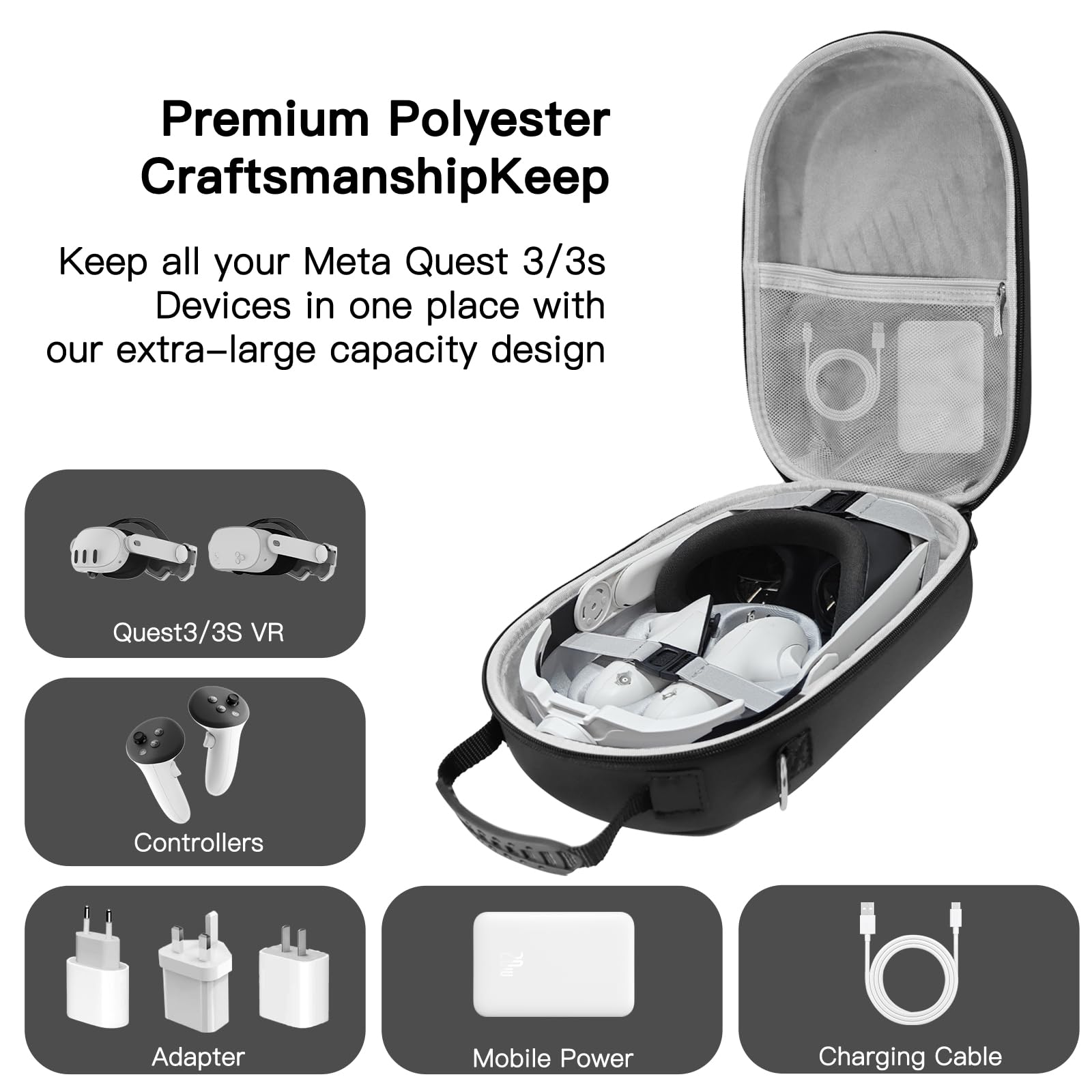 Hard Carrying Case Compatible with Oculus Meta Quest 3/3S,VR Headset Elite Strap and Touch Controller Accessories Carry Case,Hard Shell Travel Storage Bag (Black) - 3