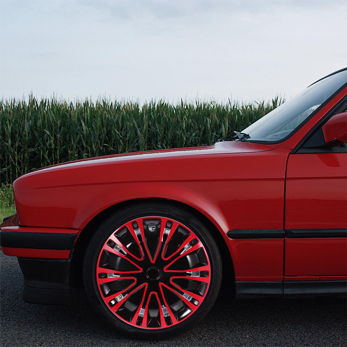Tapacubos Decorativo para Ruedas de 16 Pulgadas, Cubierta de Cubo de Rueda de Coche en Material PP Resistente, Diseño Rojo y Negro, Protección contra Escombros para Llantas