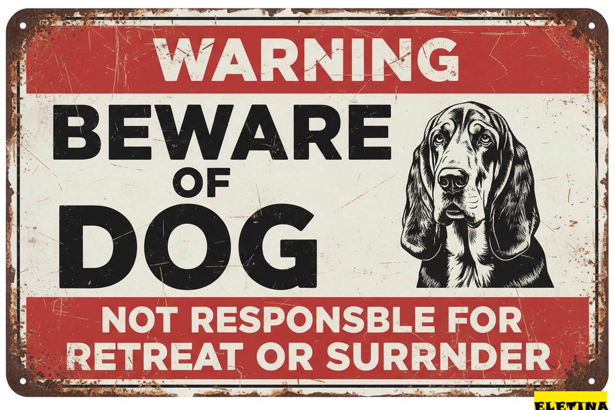 Basset Hound Beware of Dog Tin Sign, 8x12 Inch Decor