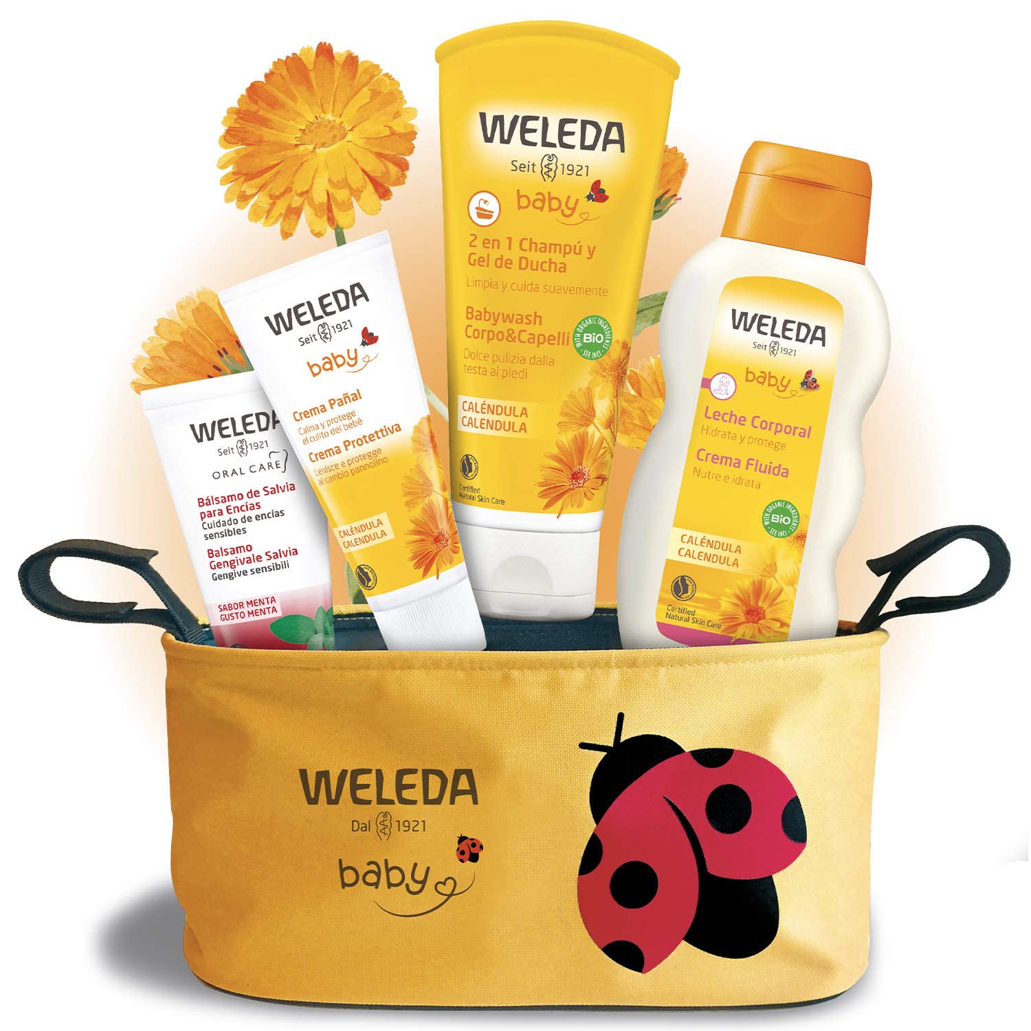 Weleda Mummy Bag, comoda borsa passeggino con kit completo di prodotti cosmetici per la protezione della pelle di neonati e bambini, a base di calendula bio certificata