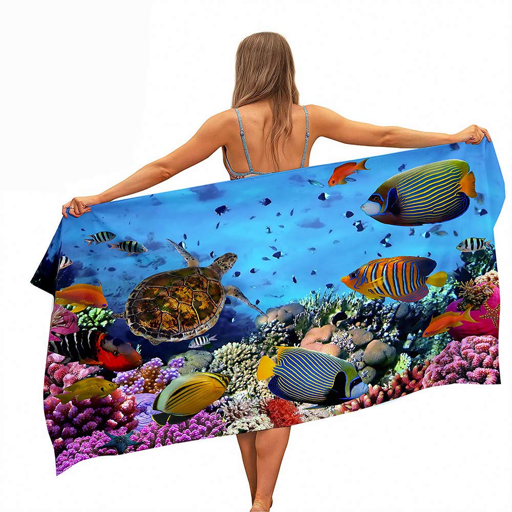 Surwin Girls Blue Turtle Beach Bath Towel, Microfibre Quick Dry Extra Large Lightweight Super Soft Summer Towels Perfect For Travel, Swim, Camping, Fitness, Sports, Ocean World Printing (,150X180cm)