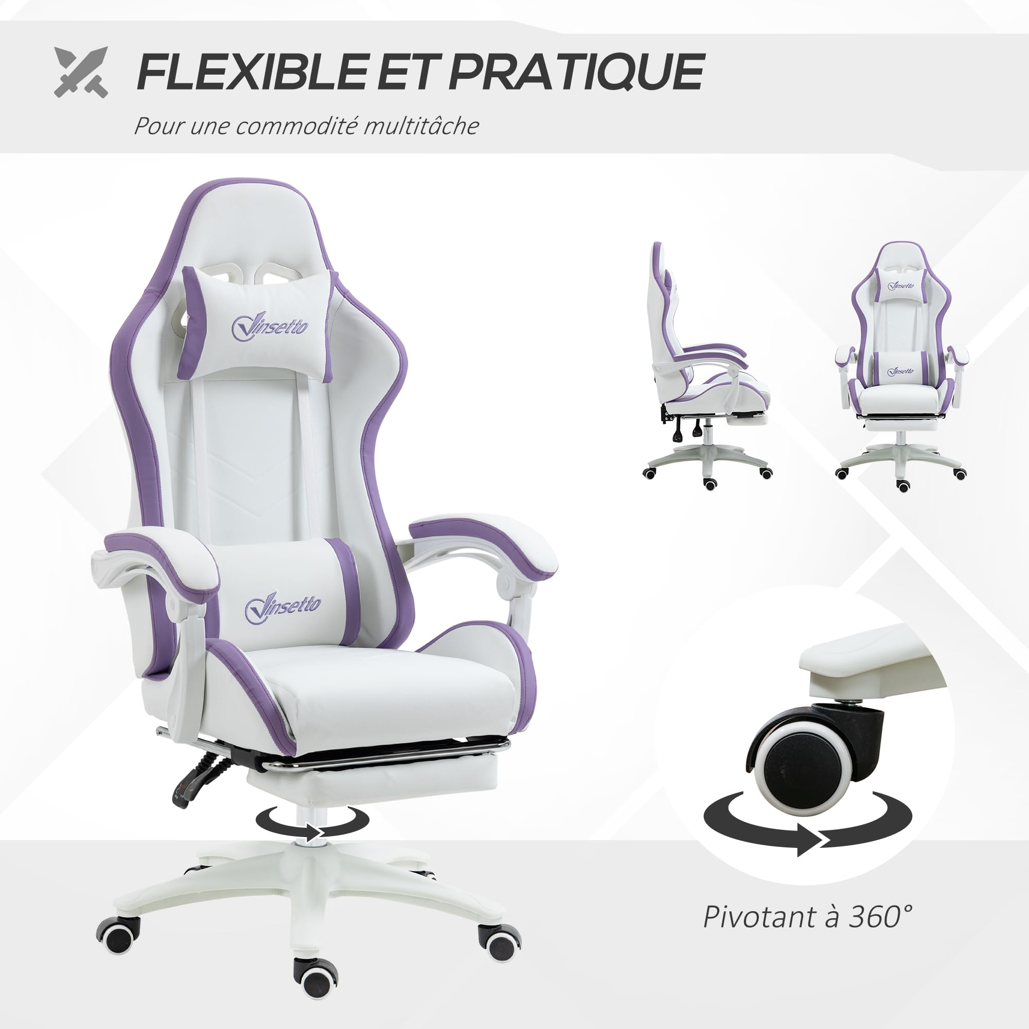 Vinsetto Chaise Gaming Ergonomique Repose-Pieds Télescopique Blanc