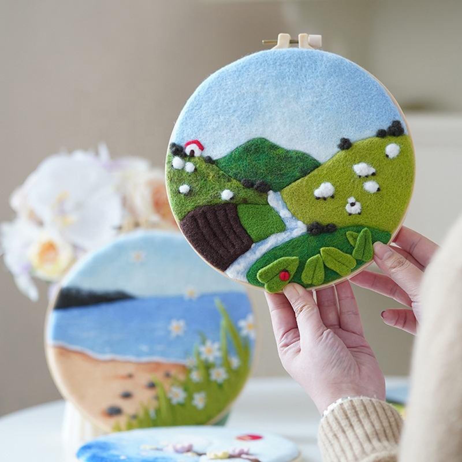 Kits de fieltro con aguja para principiantes, 2 juegos de kit de inicio de fieltro con aguja de lana para bricolaje, juego de fieltro con aguja con marco de fotos, aros de bordado con almohadilla(Colo