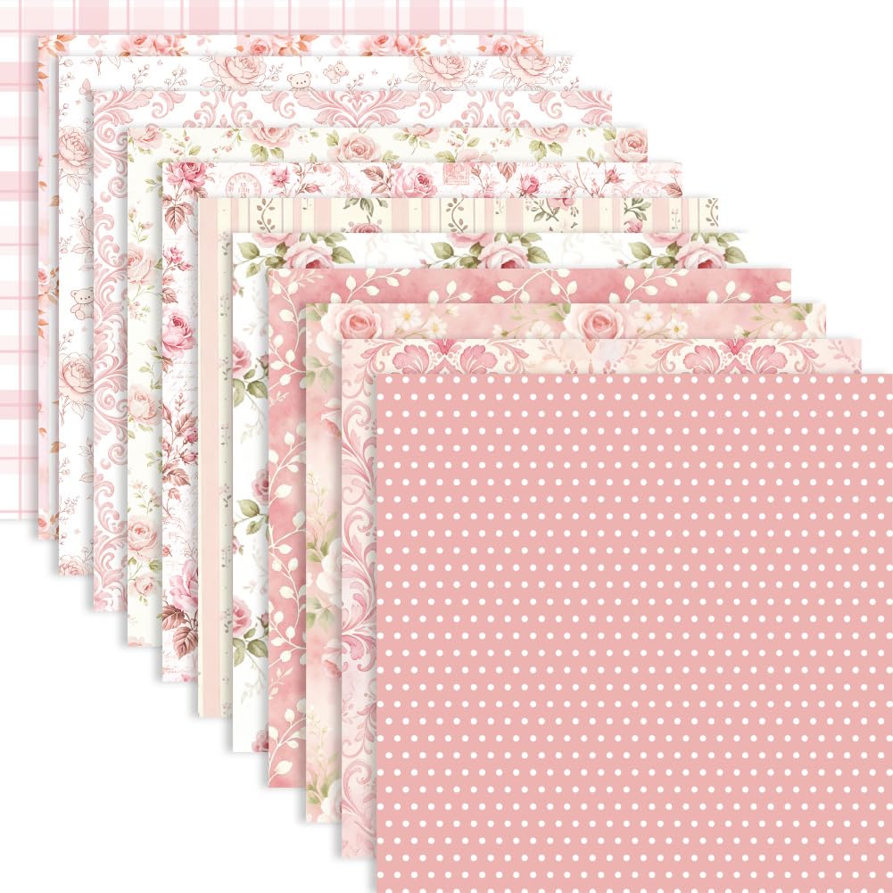 PRESSINART 24 Sheets 12 Styles Pink Floral Scrapbook Paper 6x6 Inch Pink Scrapbook Paper Pad Flower Pattern Square Decorative Craft Sheets for Scrapbooking Card Making Photo Album Journaling Decor
