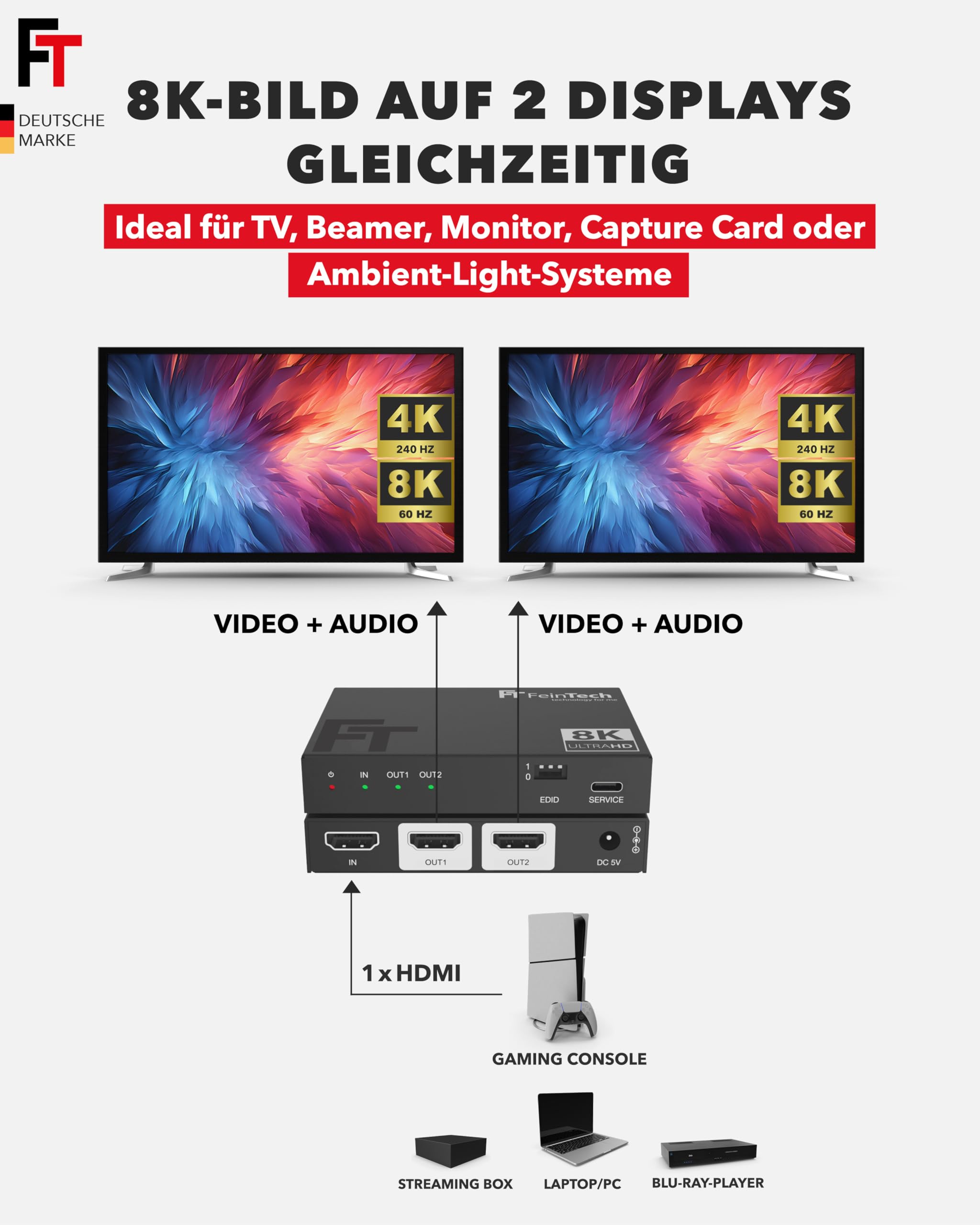 FeinTech SP210 HDMI 2.1 Splitter 4K 120Hz 8K VRR ALLM, Verteiler mit Downscaler für 2 Monitore gleichzeitig, CEC-Pass, kompatibel zu HDCP 2.3, HDR, Dolby Vision
