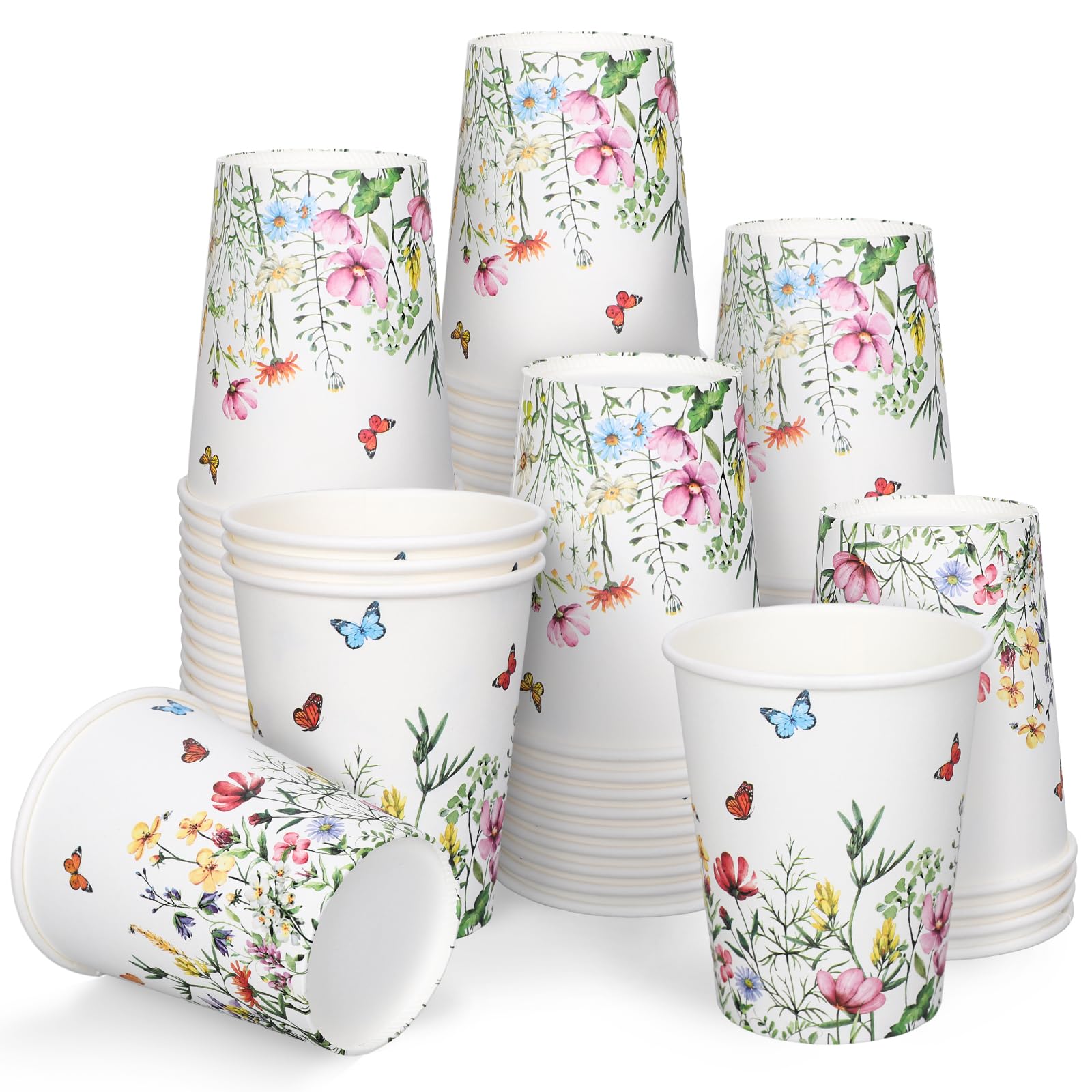 FYSUIMU 50Pcs Wildflower Paper Cups 9 oz Disposable Coffee Cups Floral Party Cups for Spring Wedding Bridal Baby Shower Birthday Party Supplies