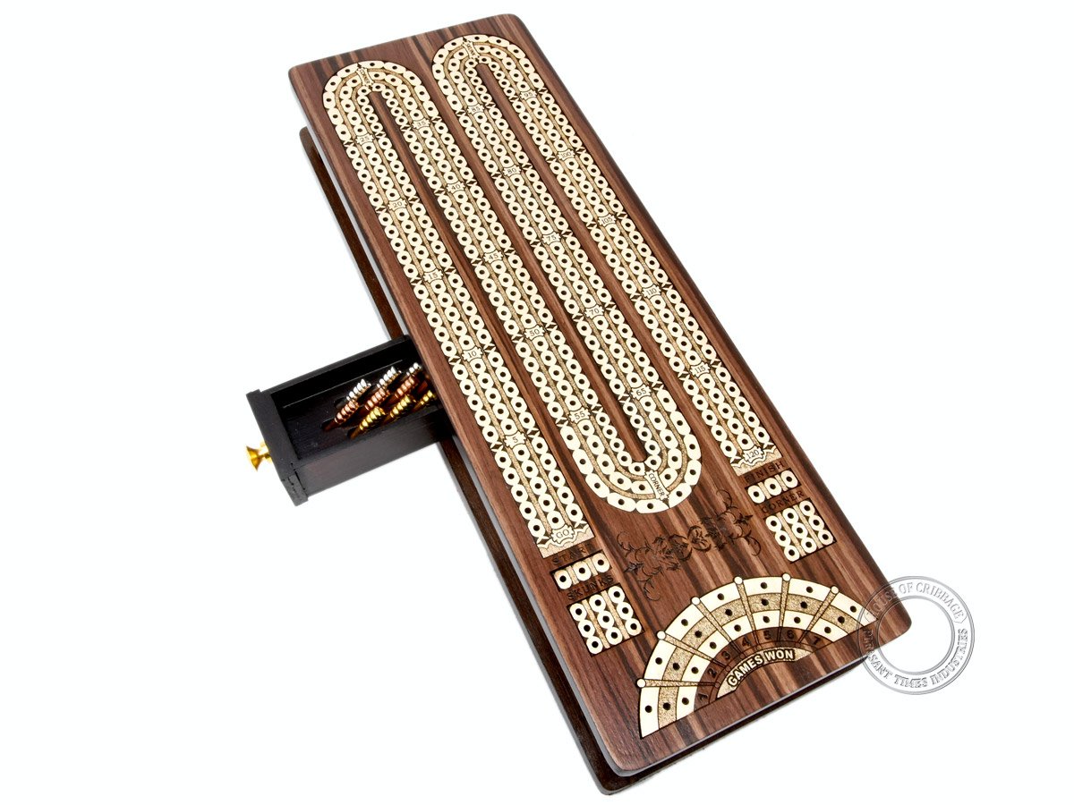 Tavola Da Cribbage House Of Cribbage &ndash; 3 Binari, Cassetto, Intarsiata In Palissandro E Acero