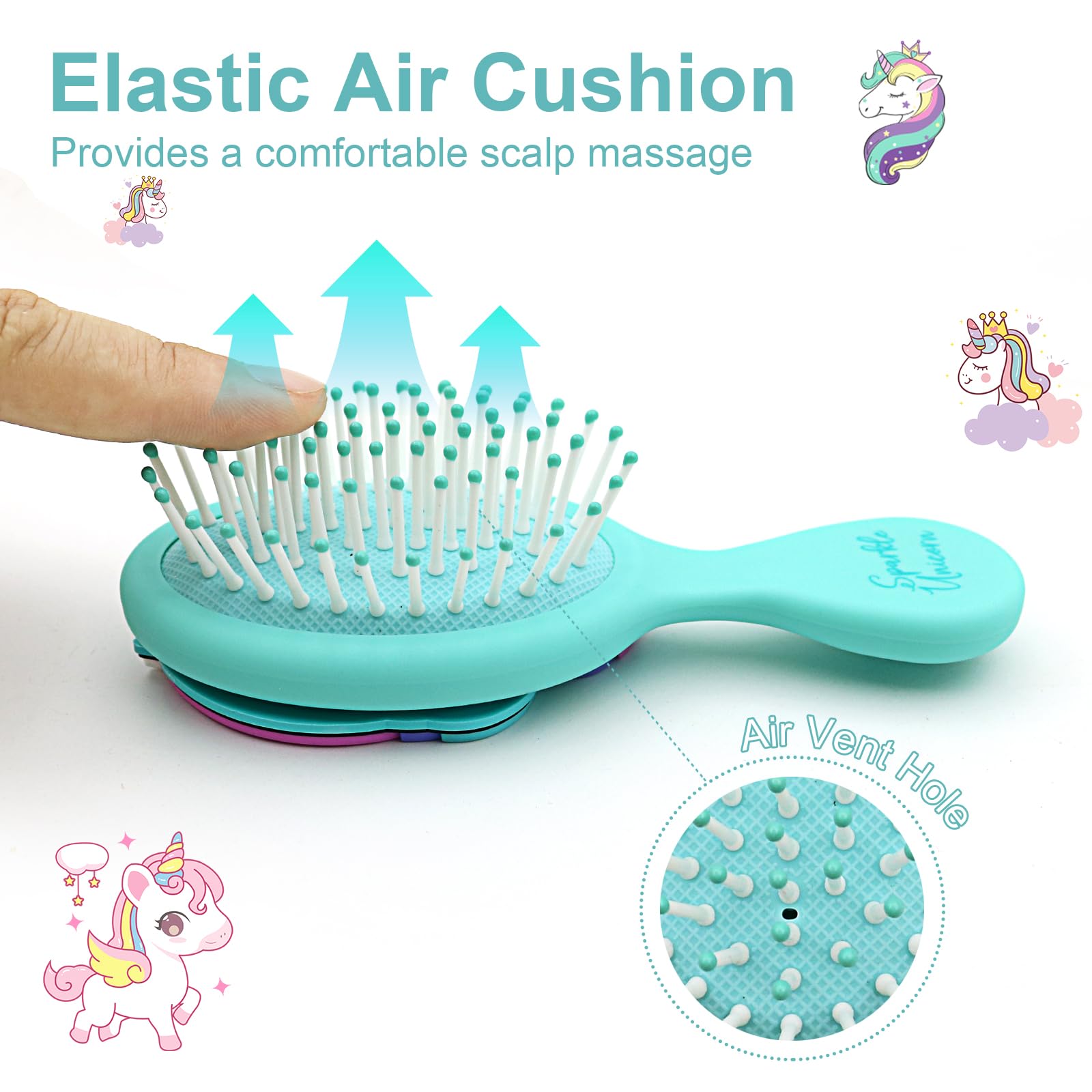 Cepillo de pelo para niños pequeños, mini cepillo de pelo para niños, cepillo de viaje para niños y niñas, cepillo de unicornio con cojín de aire, color azul