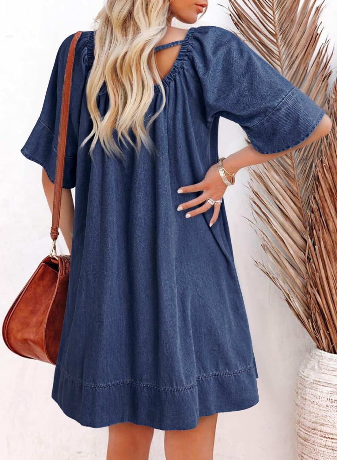 Dokotoo Lightweight Flowy Denim Dress for Women 2026 Square Neck Short Sleeve Dresses Tie Knot Front Cotton Jean Dress - Image 2