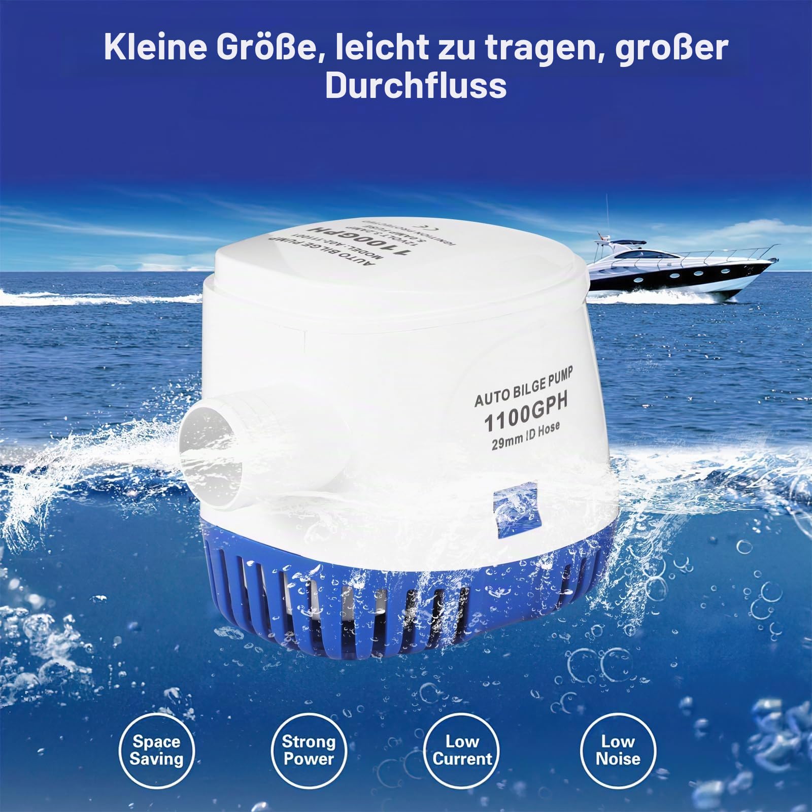 Bilgepumpen, 12V 1100GPH/70LPM Automatische Bilgenpumpe Marine Tauch Bilge Auto Silent Flüssigkeitspumpe Wasserpumpe mit Schwimmschalter für Boote Teiche Pools