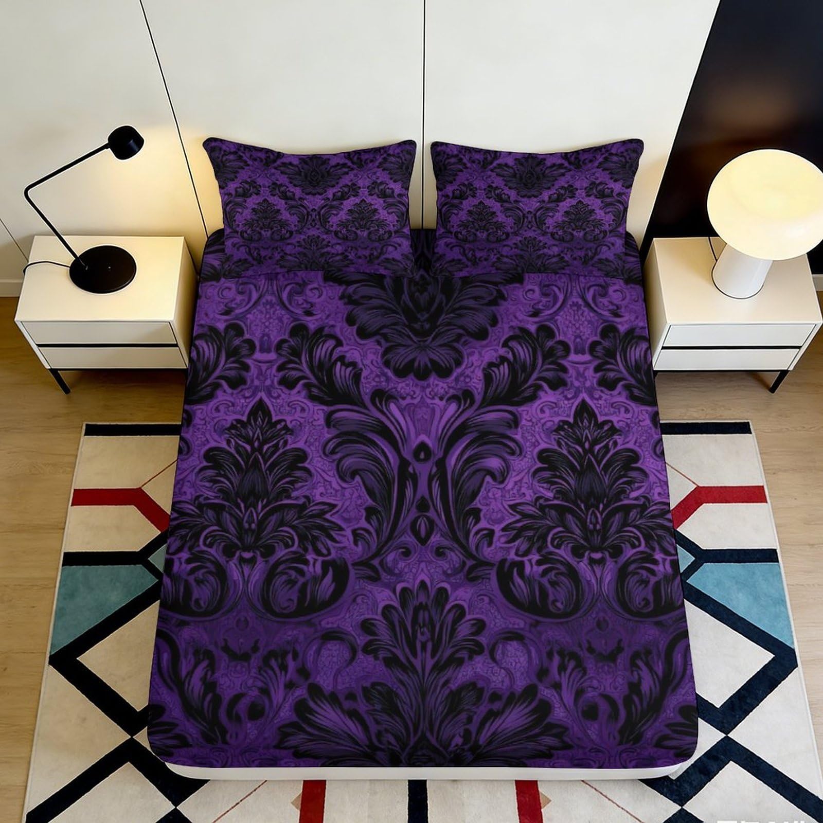 3D Printed Baroque Damask Fitted Sheet Microfiber Purple Black Victorian Mattress Cover for Bedroom Dorm Easy Care Decorative 90x200x25cm