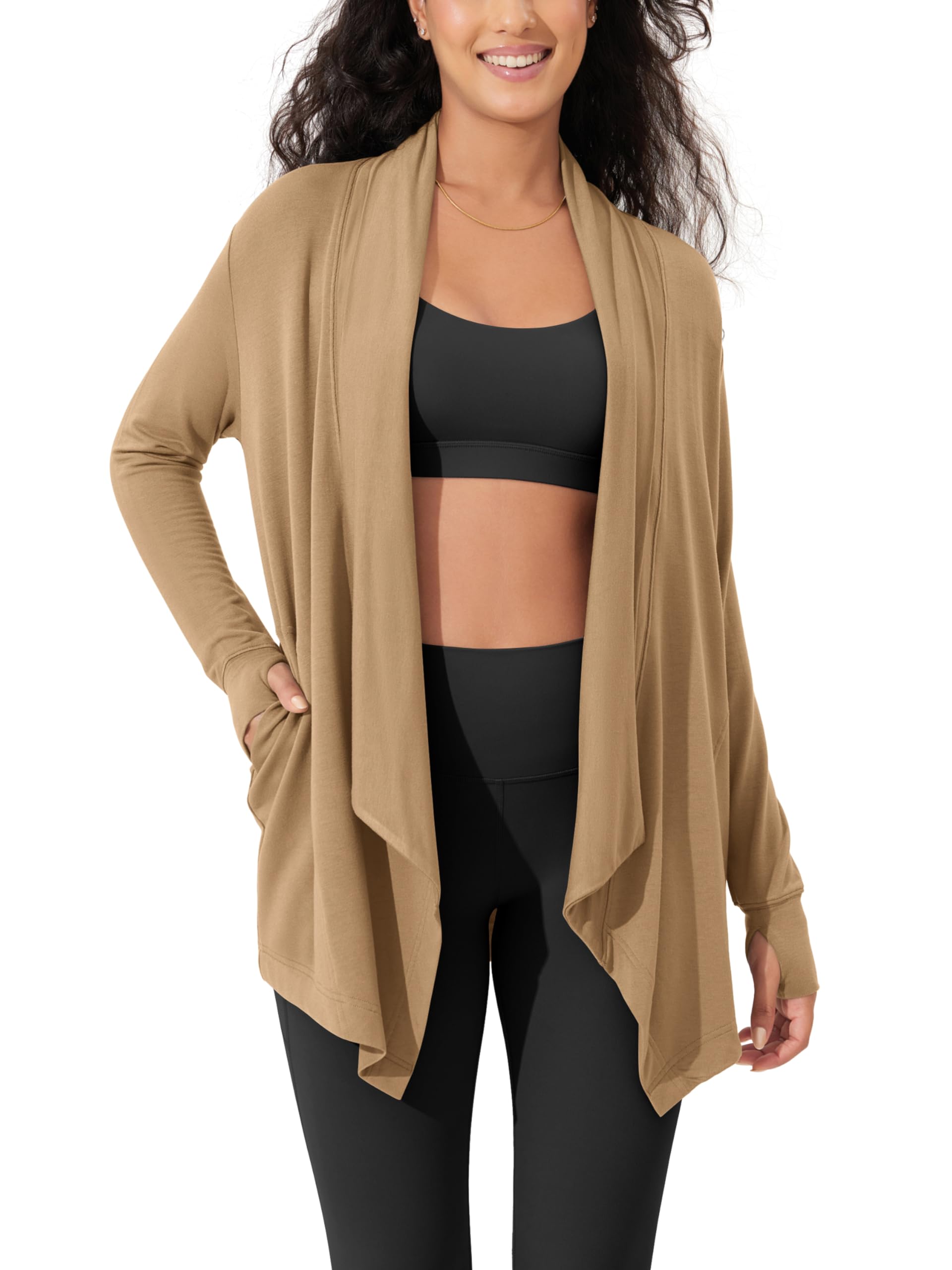 ODODOS Women's Drape Open Front Cardigans Cozy Soft Long Sleeve Casual Wrap Outerwear with Pockets Thumb Hole