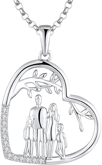 JO WISDOM Women Family Tree of Life Necklace,925 Sterling Silver Mother Daughter Dad Son Pendant Necklace with 3A Cubic Zirconia Jewellery for Women Mum