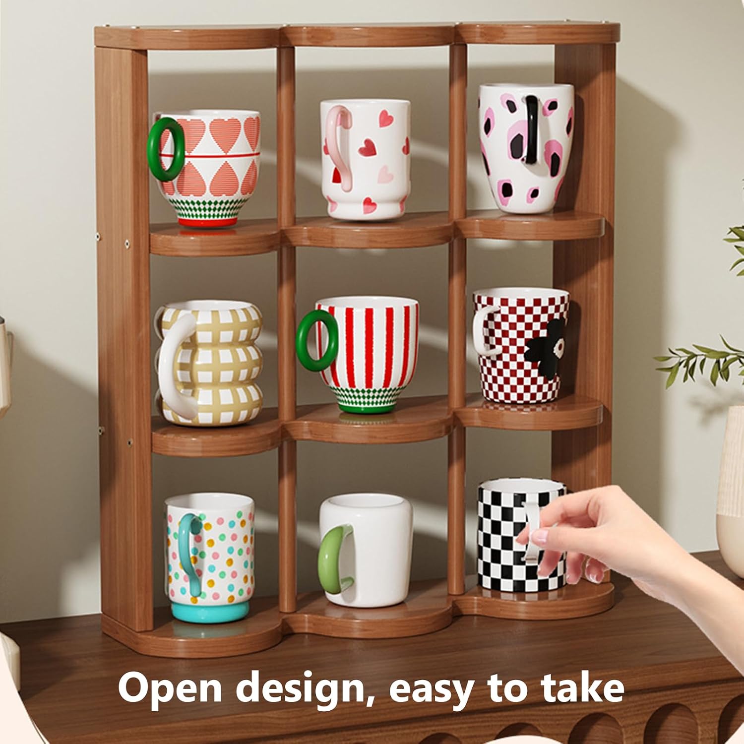 Wooden Coffee Mug Display Rack, Freestanding Grid Vintage Coffee Cup Display Stand, Rustic Coffee Mug Holder Organizer for Kitchen, Coffee Station,12 Grid