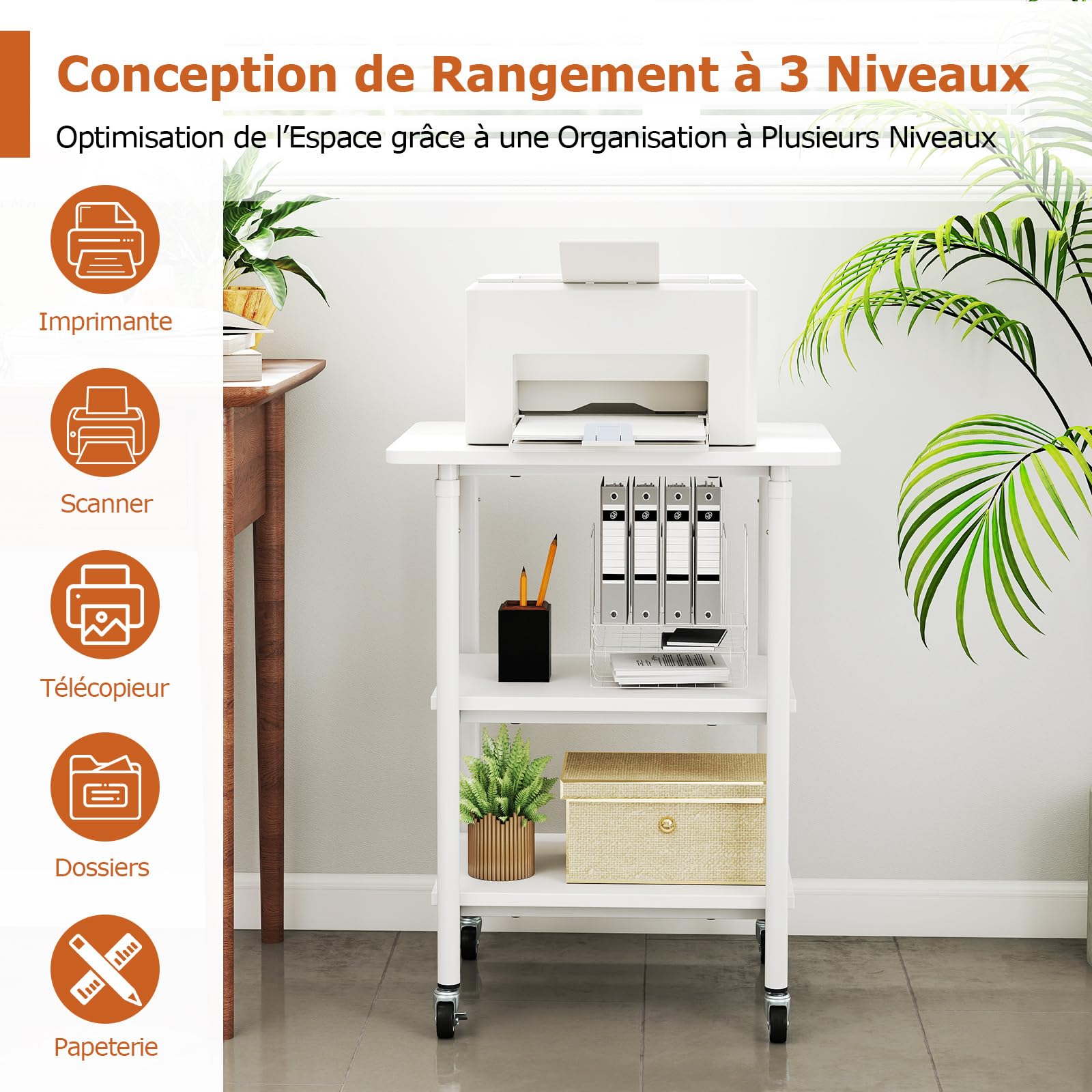 RELAX4LIFE Supporto per Stampante a 3 Livelli, Carrello Porta Stampante con Ruote Bloccabili e Altezza Regolabile, Tavolino Multiuso per Fax e Scanner, 49 x 40 x 65/77 cm (Bianco)
