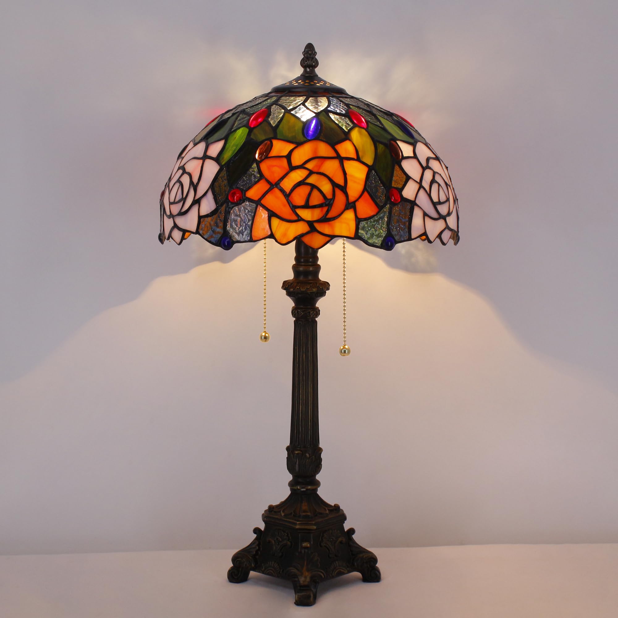AVIVADIRECT Tiffany Lamp Stained Glass Orange Red Rose Table Lamp