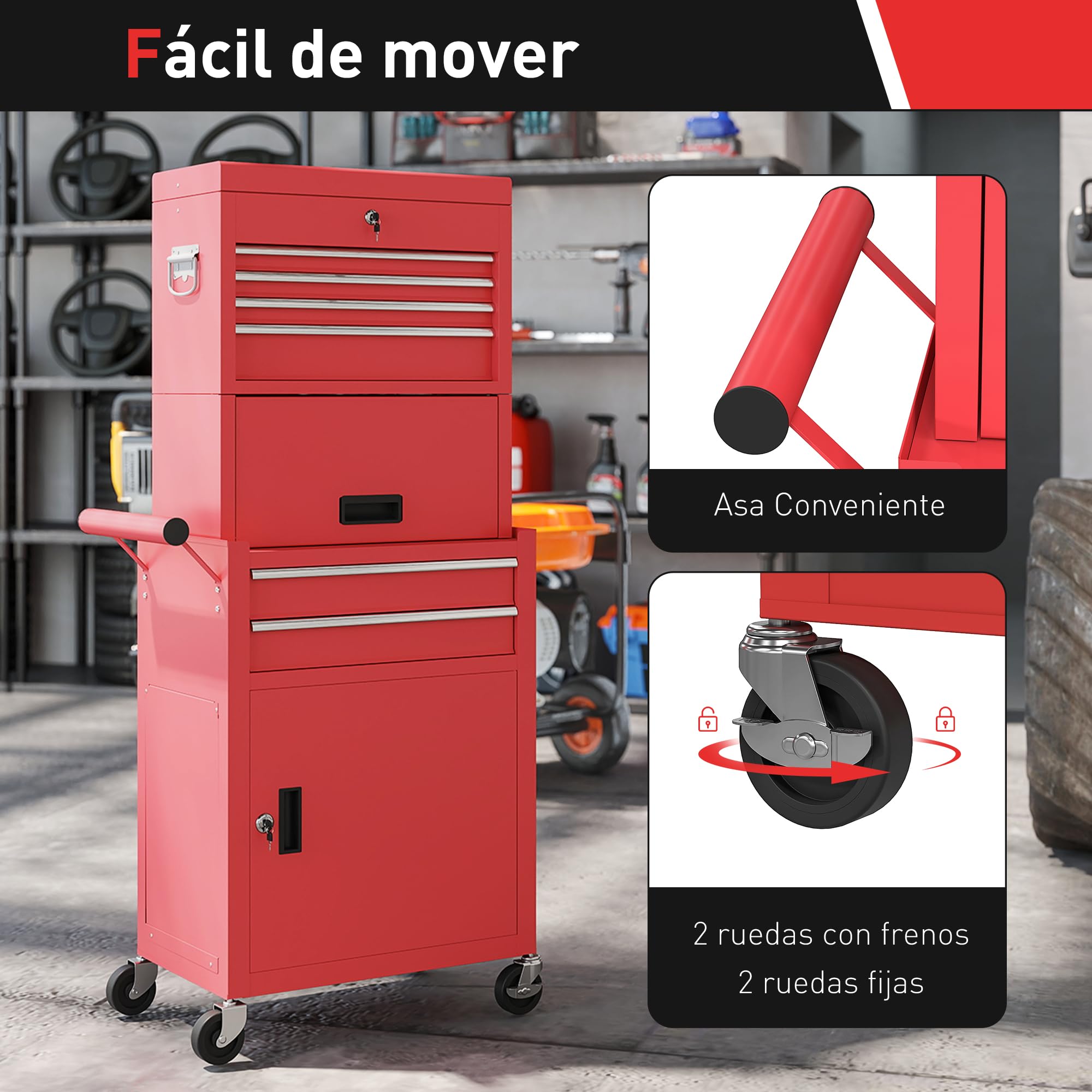 HOMCOM Carro de Herramientas con 6 Cajones y Cerraduras, 3 en 1, Carro de Taller Móvil con Ruedas y Panel Lateral Perforado, Caja de Herramientas Desmontable de Acero, para Taller, Garaje, Rojo