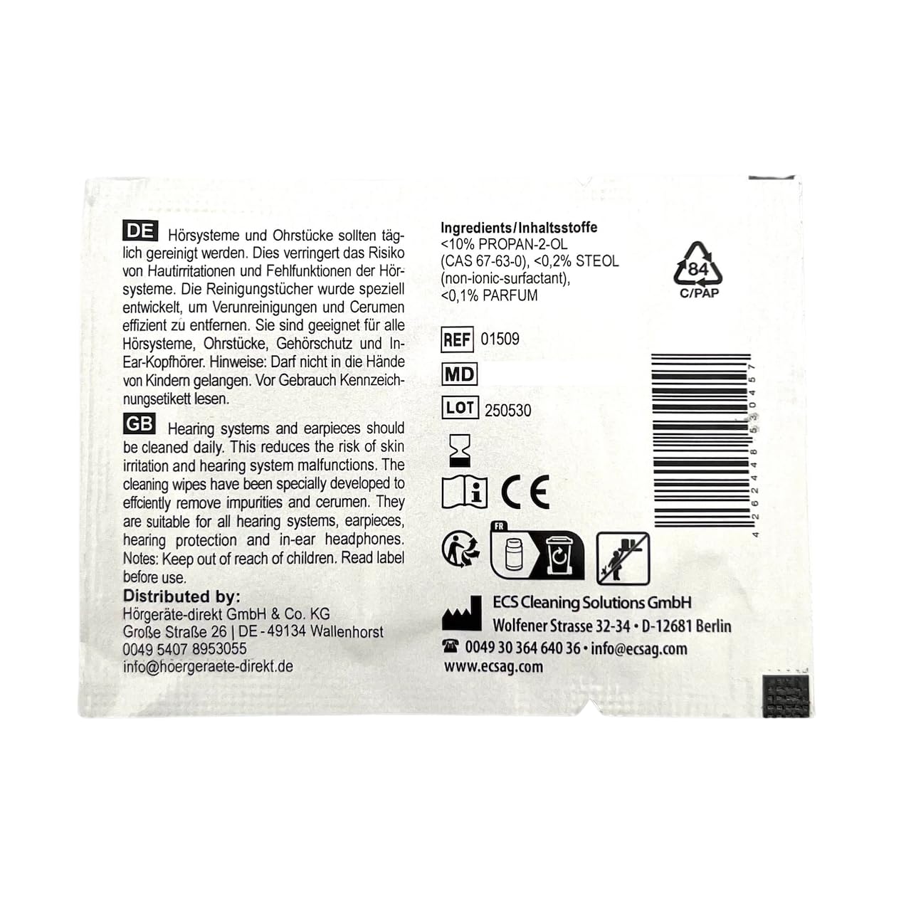 DIREKT Reinigungstücher für Hörgeräte – 200 Stück einzeln verpackt – Sanfte & effektive Reinigung – Schüttware