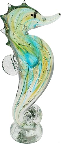Escultura de caballito de mar azul y verde de cristal de 8 pulgadas  Mesa soplada independiente para la playa  Coleccionable, decoración del hogar,