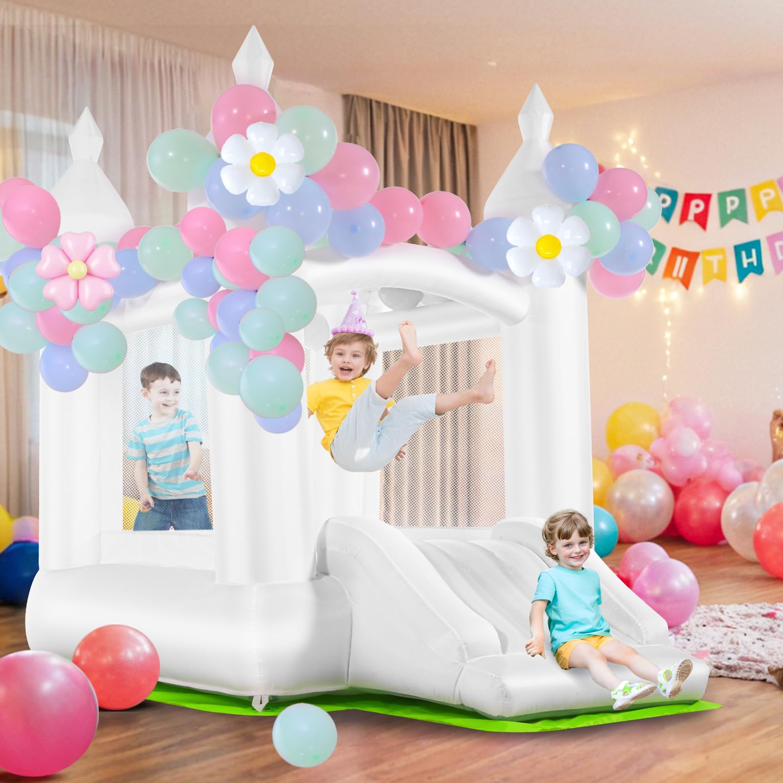 White Bounce House, Inflatable Bouncy Castle for Kids 3-10, Toddler Bouncy House With Slide, Blower, Floor Mat, Balloons, Jumping Castle for Birthday/Wedding Decoration (Without Blower)