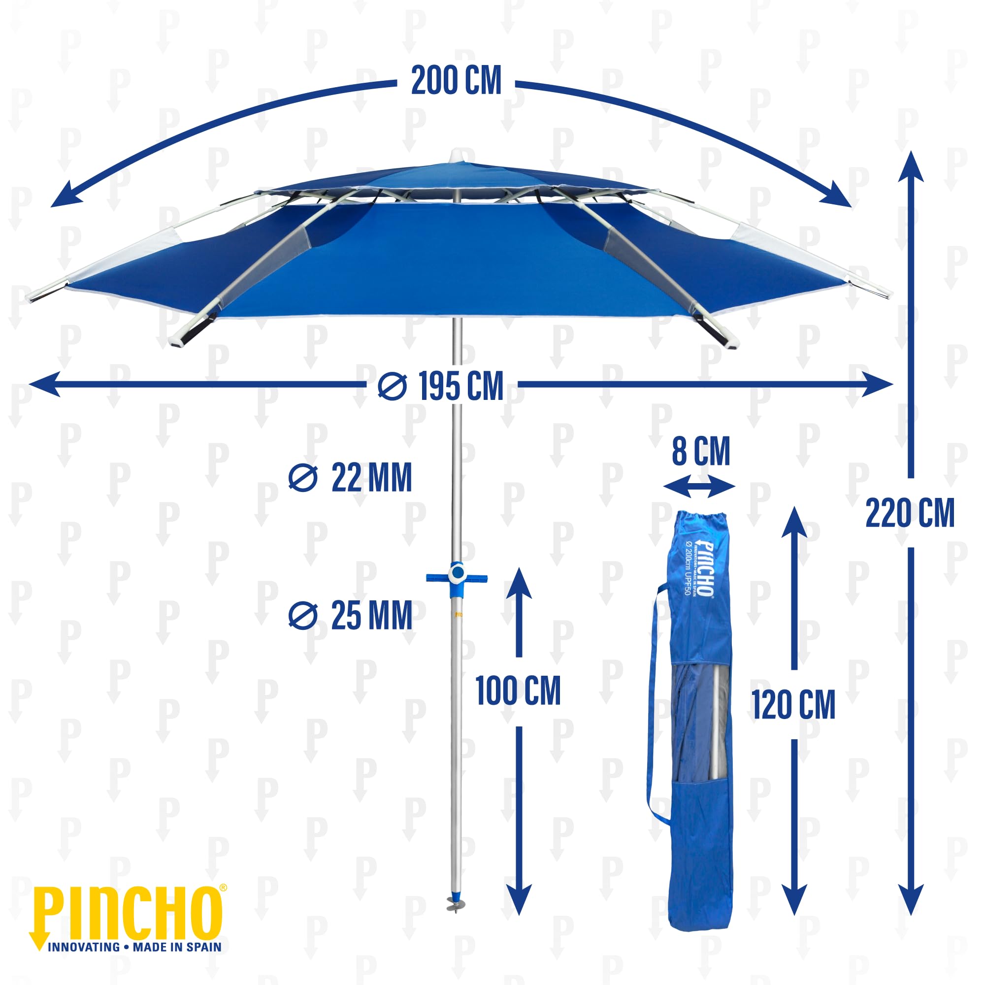 Ombrellone da spiaggia e giardino, diametro 200 cm, antivento, asta in alluminio, altezza regolabile, parasole per terrazza, giardino, campeggio, piscina, inclinabile, pieghevole, girevole a 360°