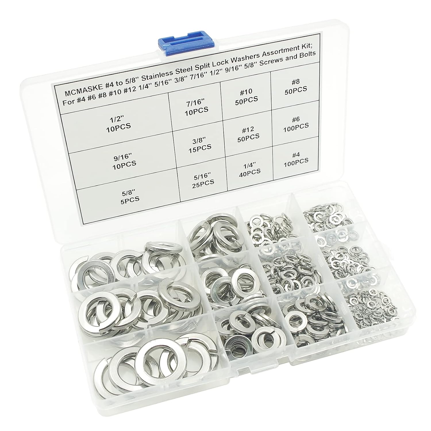 465PCS SAE 304 Stainless Steel Split Lock Washers #4 to 5/8" Kit