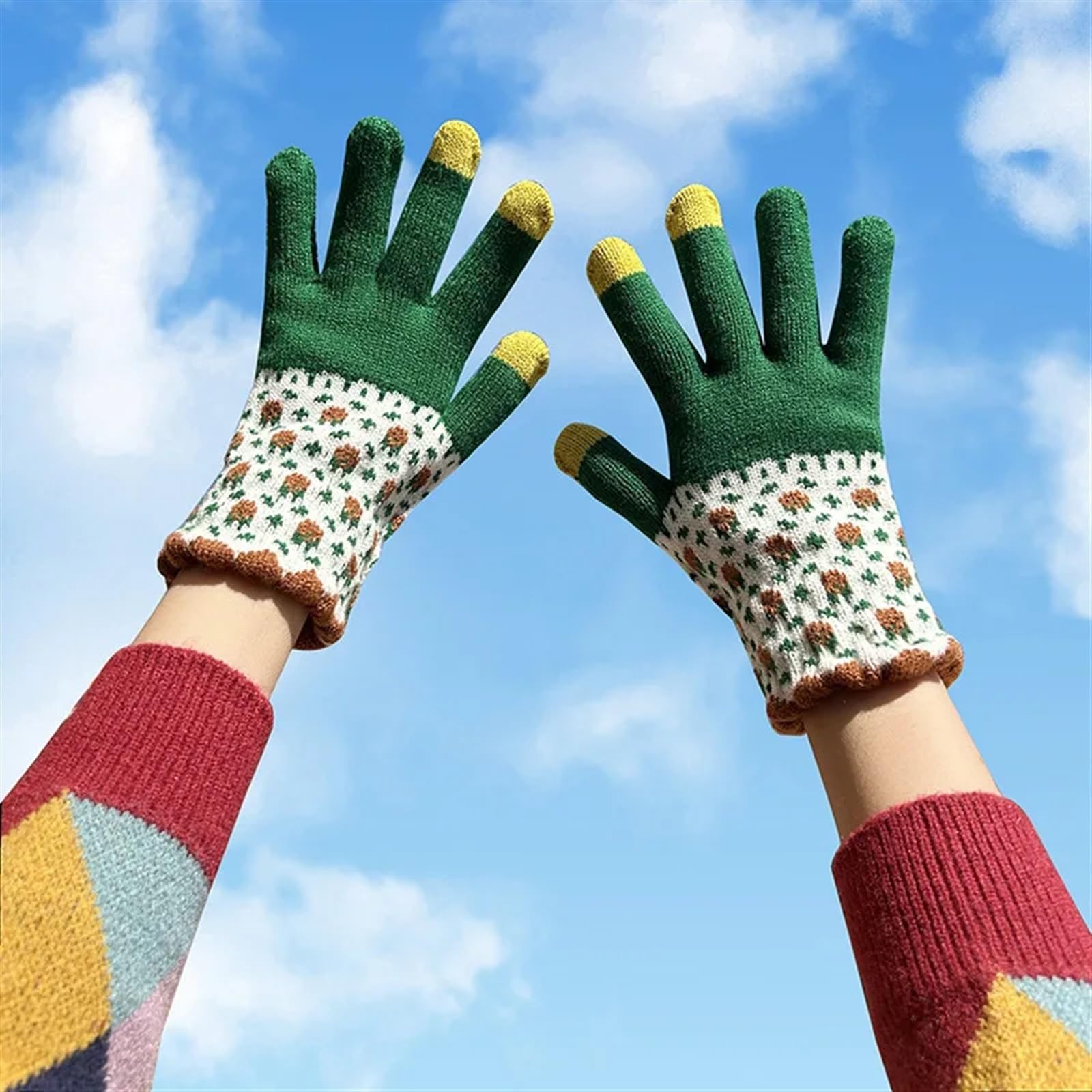 AYWTIUN Handschuhe Damen Winter Bunte Blumen gestrickte Handschuhe Frauen Mädchen Touchscreen Dicke Wolle warme Handschuhe Winter Ski Fahrt Winddichte