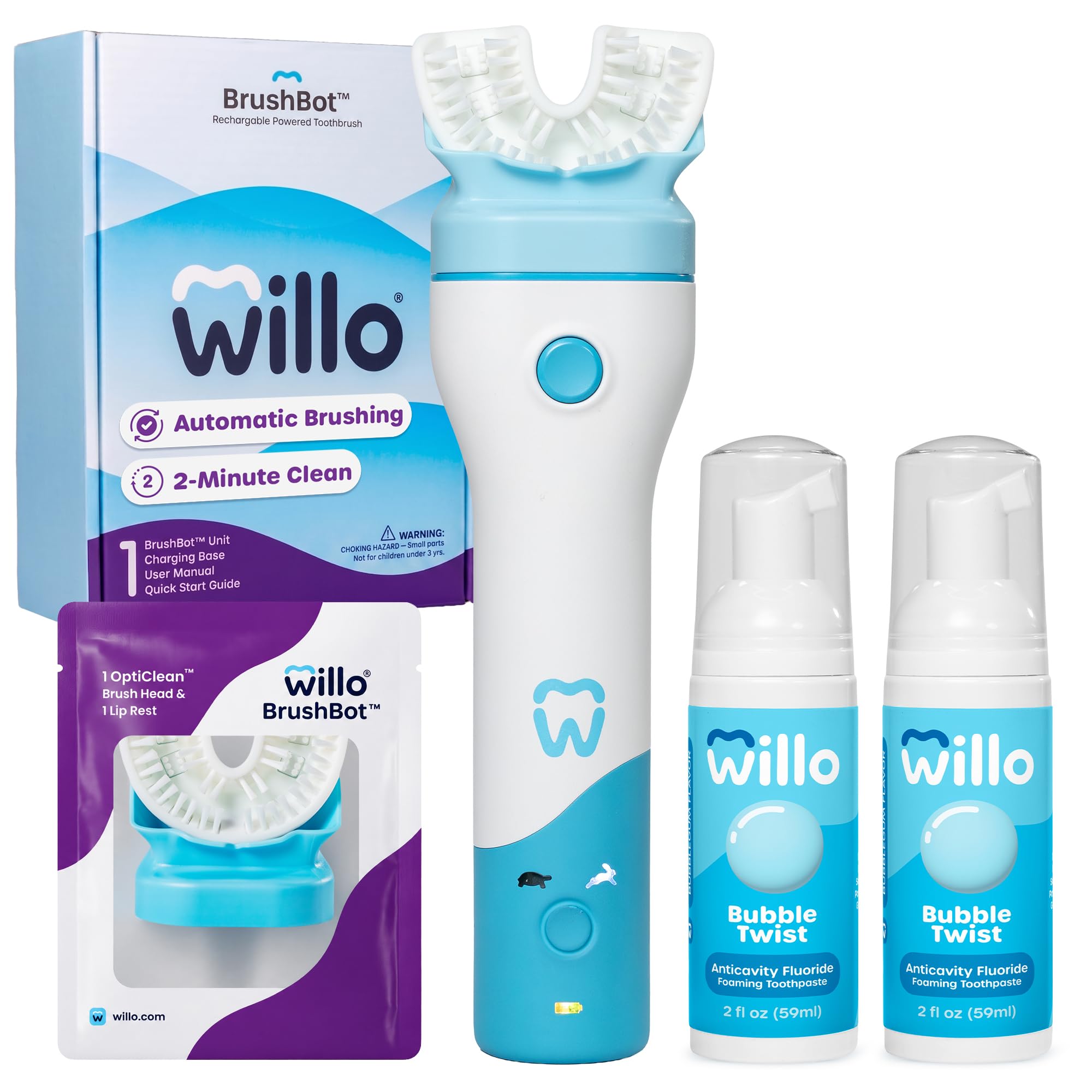 Willo BrushBot - Starter kit per bambini a forma di U, spazzolino automatico per bambini, timer da 2 minuti, connettività con app, setole morbide, ricaricabile, rimozione della placca, senza bolle